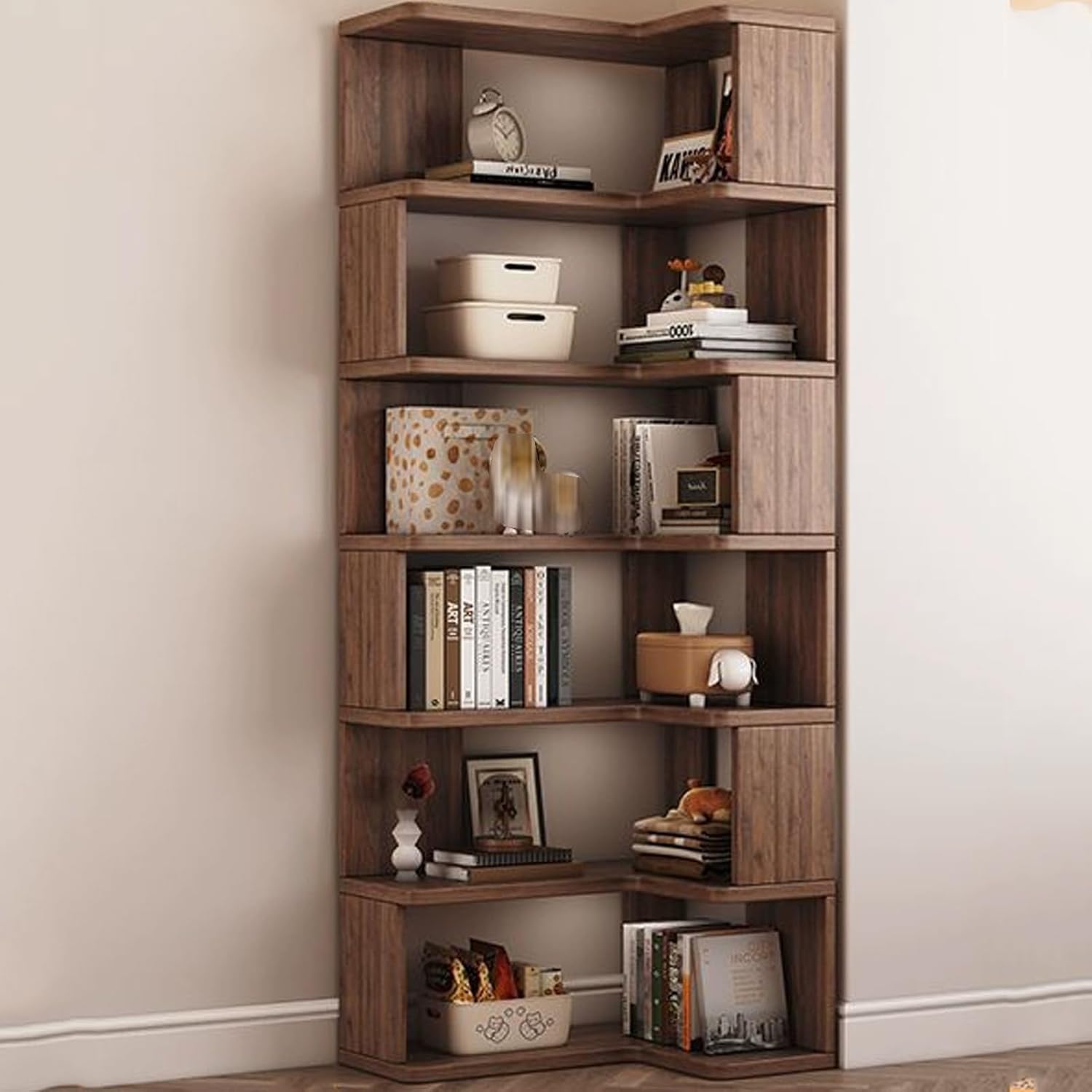 Open Shelf Corner Bookshelf, Multi-Layer Corner Shelf, Wooden Cube Display Shelf, Corner Bookcase Toy for Small Space, Book Storage, for Game Room, Bedroom(Black Walnut,65x45x191.3cm)