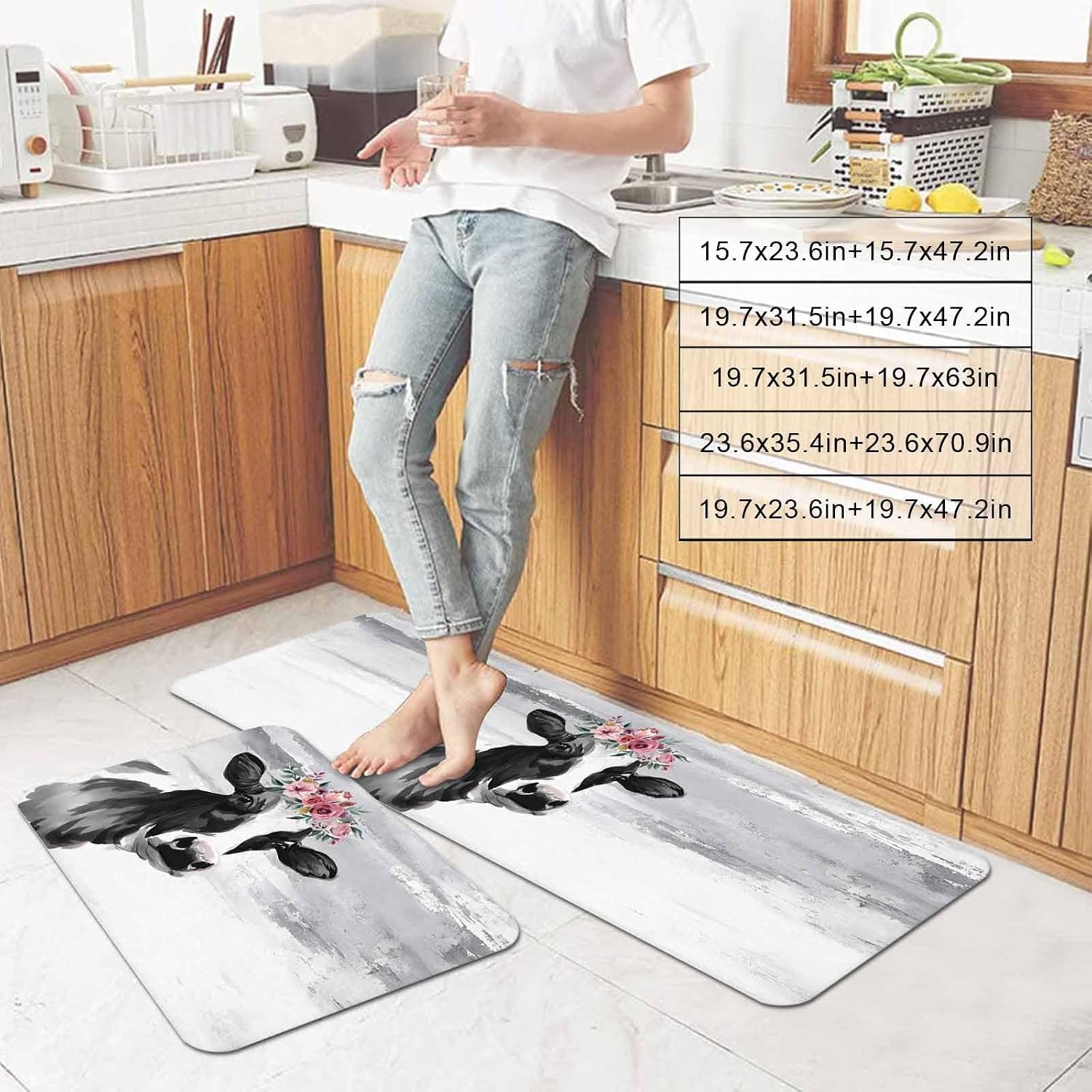 Prime Leader Farm Cow Kitchen Mat Set 2 Pieces Vintage Black Grey Cattle with Floral Non Slip Kitchen Rugs Washable Runner Rug Mats for Sink Laundry (23.6" x 35.4"+23.6" x 70.9")