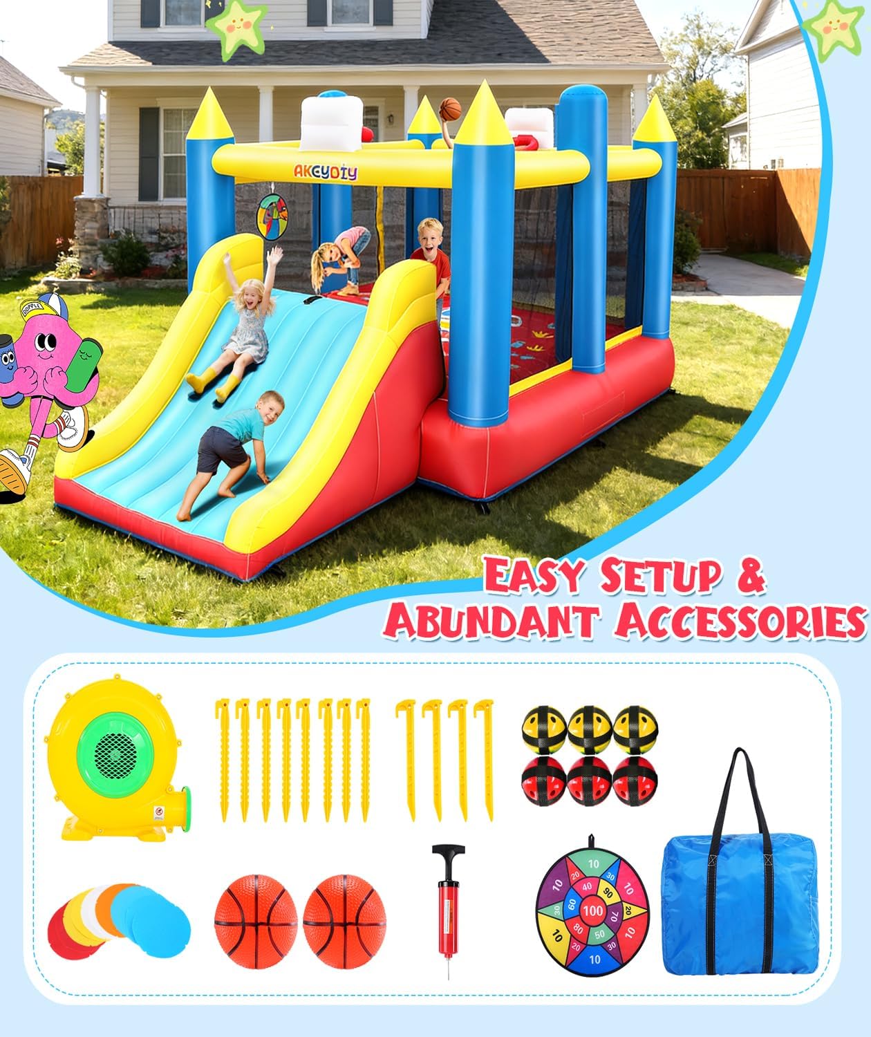 AKEYDIY Bounce House Double Slide, Large Bounce House for Big Kids 8-12/3-6, Inflatable Bouncer with Ball & Basketball Hoop,for 4-5 Kids (Bounce House with Slide)