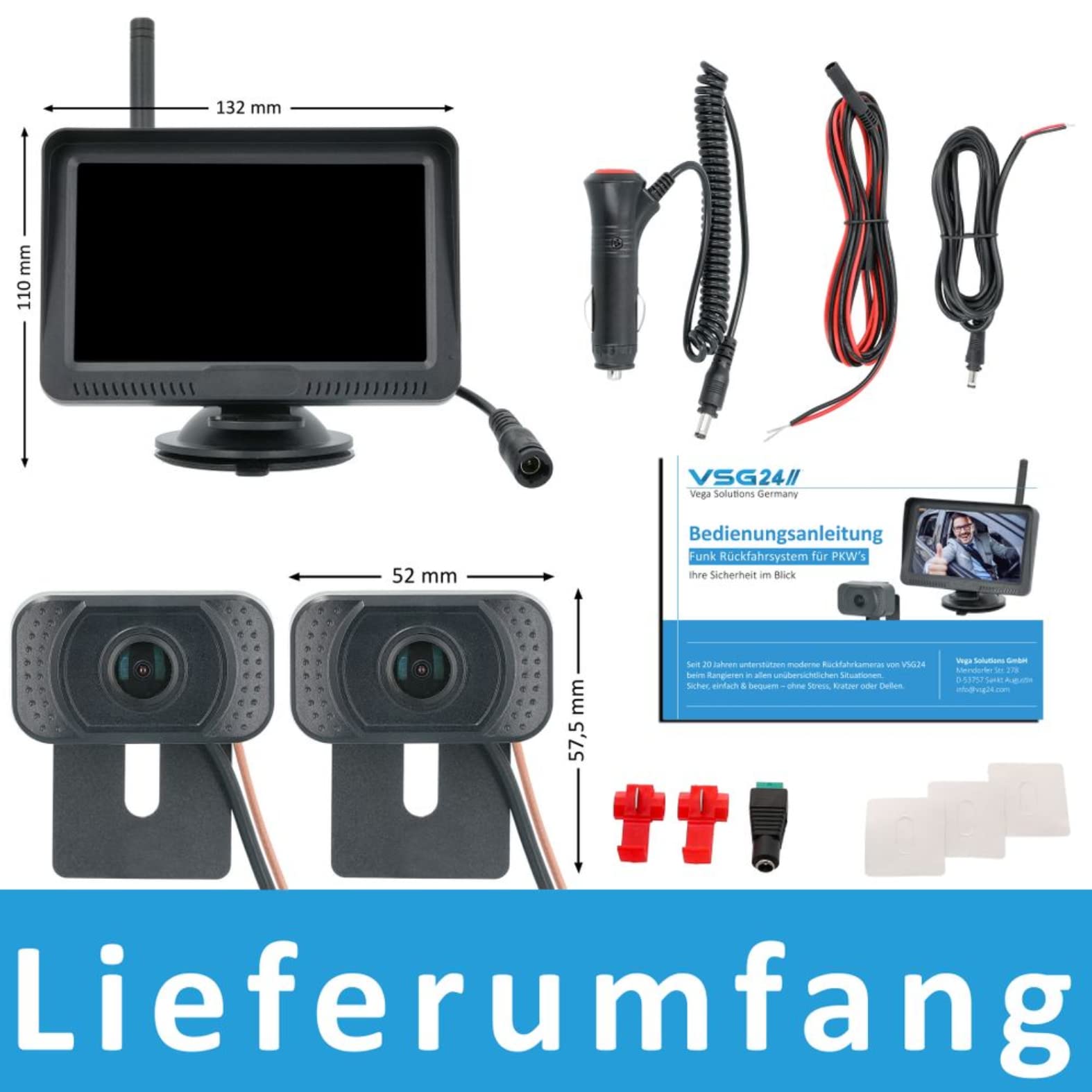 VSG24 5“ HD Set 2 Kameras Funk Rückfahrsystem Premium ONE für PKW, KFZ Set kabellos inkl. Rückfahrkamera + Monitor, einfach zum Nachrüsten 12V-24V, Nummernschild Kamera digital, Auto Rückspiegel