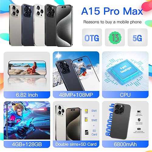 Miniatura 6 de WV LeisureMaster A15 Pro Max 5G Smartphone, 4GB+128GB Android 13 teléfonos desbloqueados, pantalla de 6.82 pulgadas+batería 6800mAh - Azul