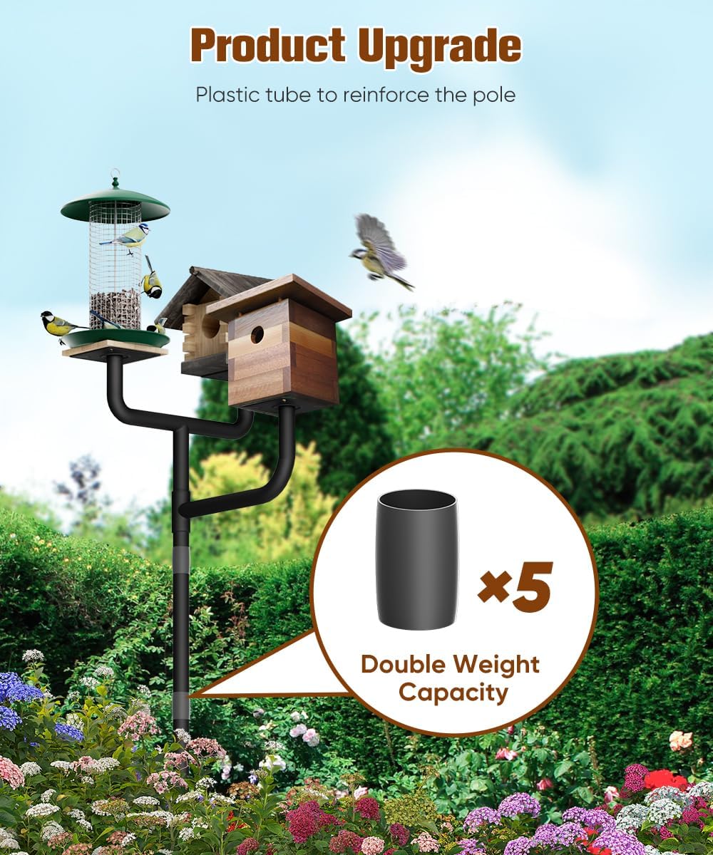 3 Holders Upgrade Bird House Pole with 90inch for Outdoor Bird Feeder Bath, Heavy Duty Adjustable Birdhouse Stand with 4 Plates & 5 Prong Base for Garden, Yard(NO Birdhouse & Birdbath)