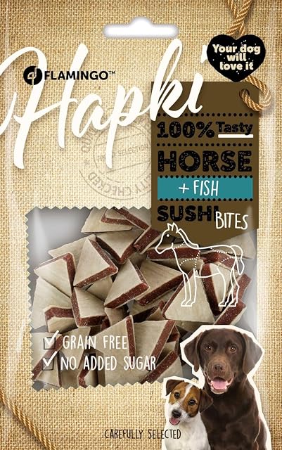 Foto 3 de 3 de Snacks para Perros - Hapki Cubos de Sushi con Caballo y Pescado - Sin Cereales - 85 g - Flamingo