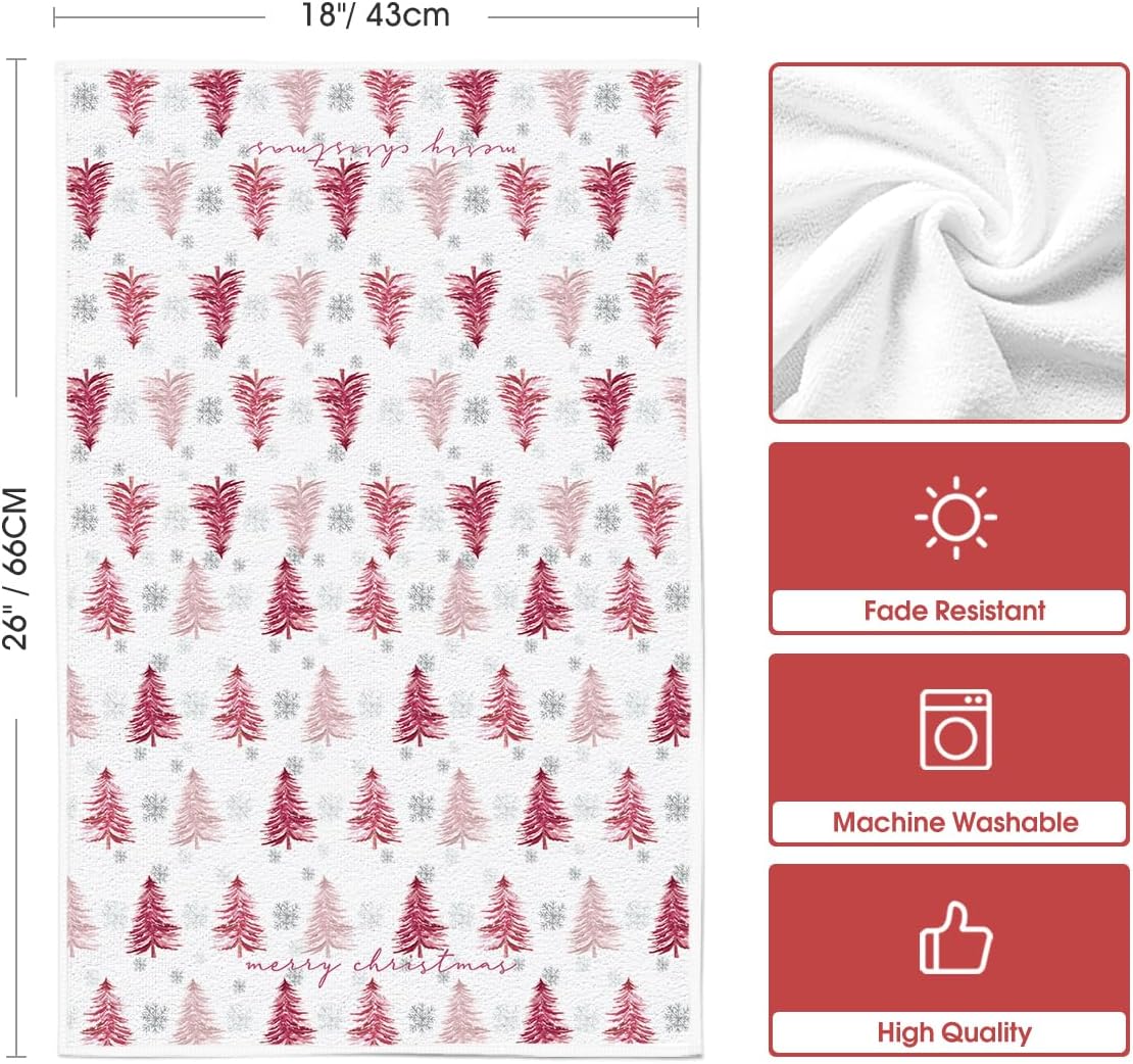 Artoid Mode Pink Xmas Tree Merry Christmas Kitchen Towels Dish Towels, 18x26 Inch Farmhouse Snowflakes Holiday Decoration Cleaning Set of 2 - Image 6