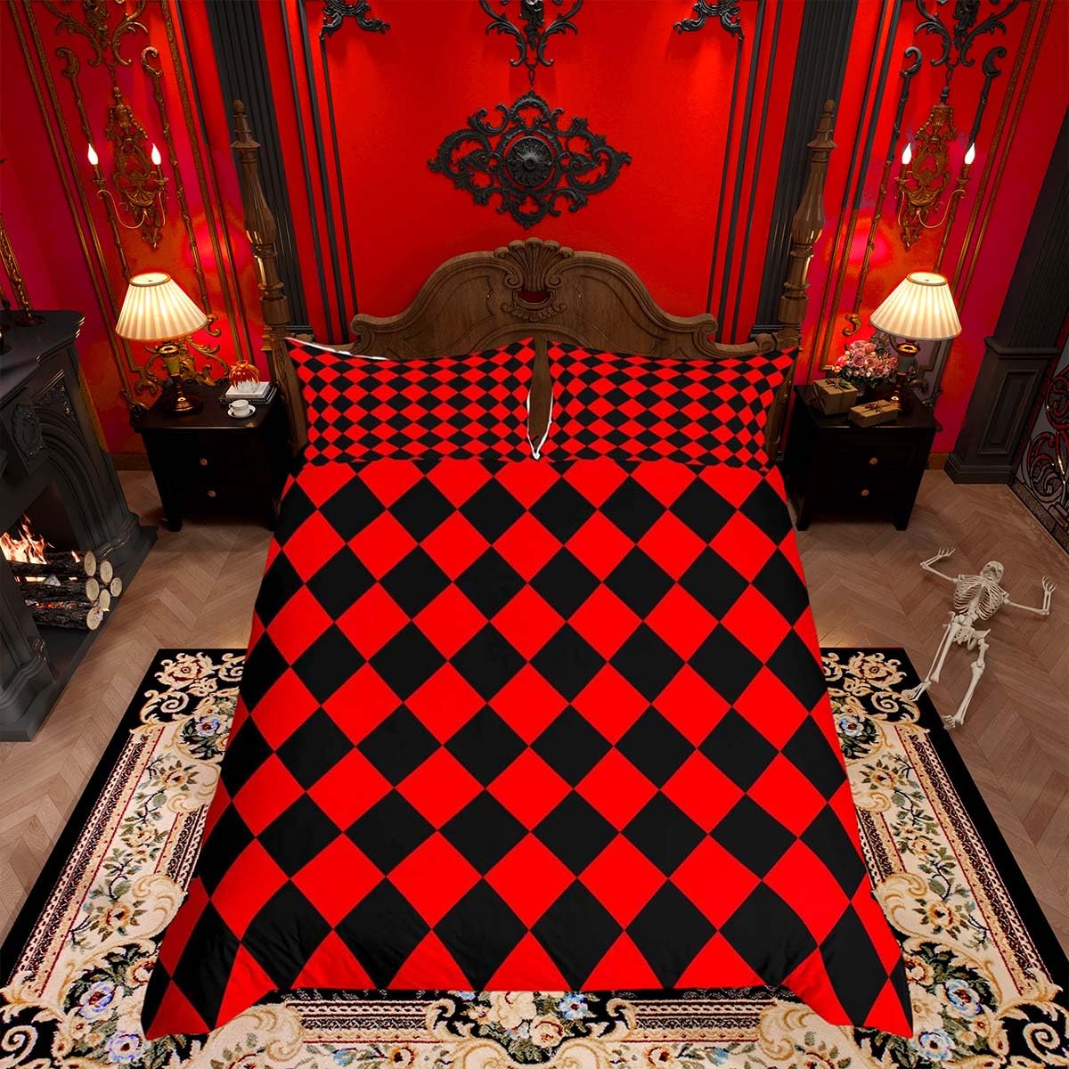 Housse de couette respirante et douce parure de lit 3 pièces rouge et noir