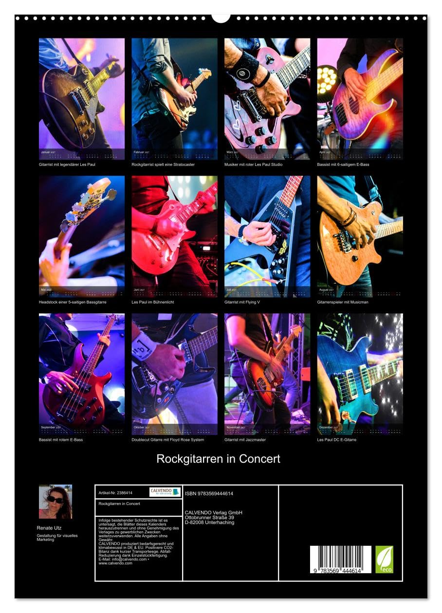 CALVENDO - Rockgitarren in Concert (hochwertiger Premium Wandkalender 2027 DIN A2 hoch), Kunstdruck in Hochglanz: Stimmungsvolle Konzertfotografien beliebter Gitarren und Bässe