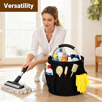 Foldable Cleaning Caddy with Handle 17L Cleaning Bag, Black | Cleaning Products Organiser, Multi Pocket Cleaning Caddy Bag for Home, Kitchen, Bathroom, Office, Easy to Clean and Carry
