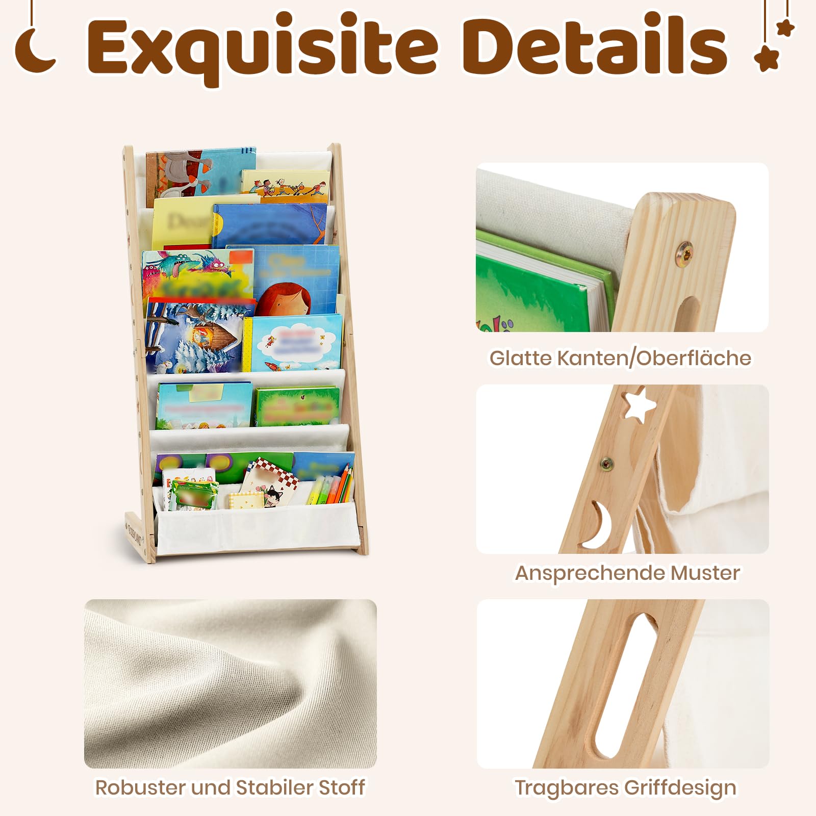 COSYLAND Kinderbücherregal Montessori – Bücherregal Kinder mit 6 Stofffächern, frontal offenes Bücher-Display aus Kiefernholz, Kinderregal für Kinderzimmer & Leseecke, Naturholz, 42 x 30 x 76 cm