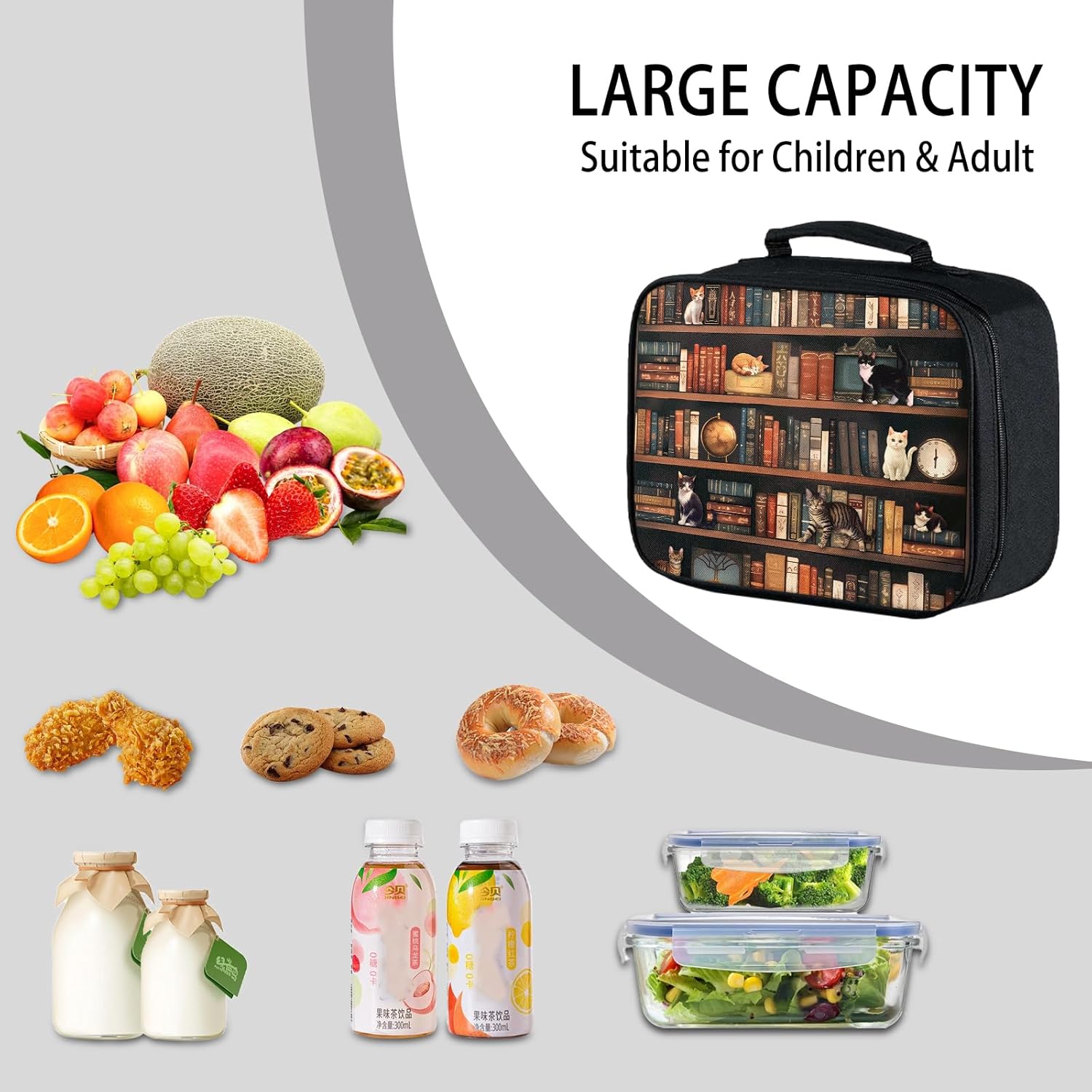 Lunch Box Kids Book, Cat Insulated Lunch Box for Kids Teen Boys Girls with Zippered Pocket, Reusable Portable Toddler Library Cat Lunch Bag, Keep Food Fresh Lunchbag for Office Work Travel Picnic - Image 7