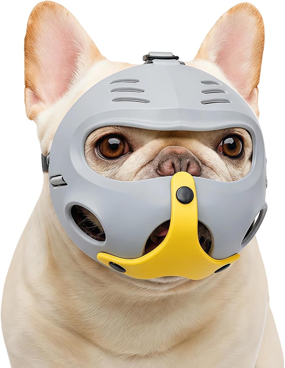 French Bulldog Muzzle, Adjustable Soft EVA Anti Biting & Eating Muzzle, Breathable Lightweight for Small Medium Big Dogs, Prevents Barking Chewing (Grey)
