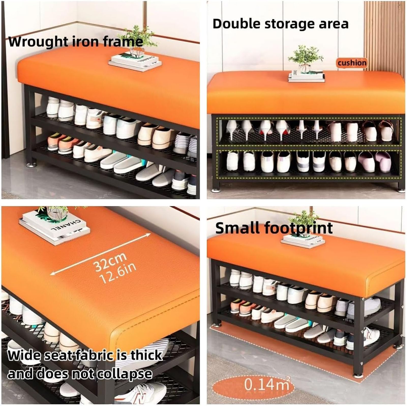 YHQZNLXQ Banco de Entrada con Zapatero y Estante Tapizado con Parte Superior Acolchada Zapatero pequeño para vestíbulo y Pasillo Elegante Zapatero Naranja Compacto 60 x 32 x 51 cm