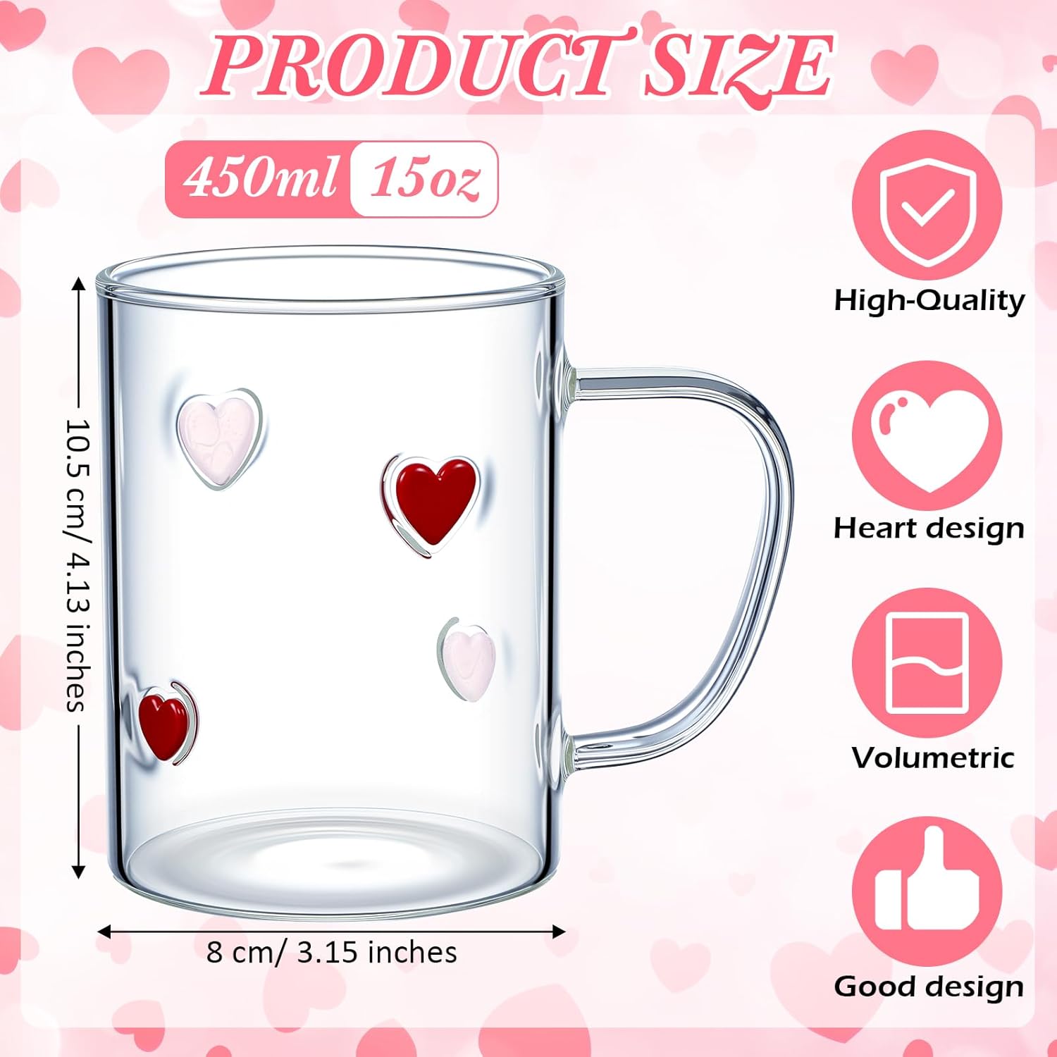 Beeveer 2 Pcs Valentines Day Heart Icon Juice Glasses 15 oz Coffee Mugs with Handle Love Icon Drinking Glass Cups for Birthday Wedding Valentines Day Party Supplies Gifts