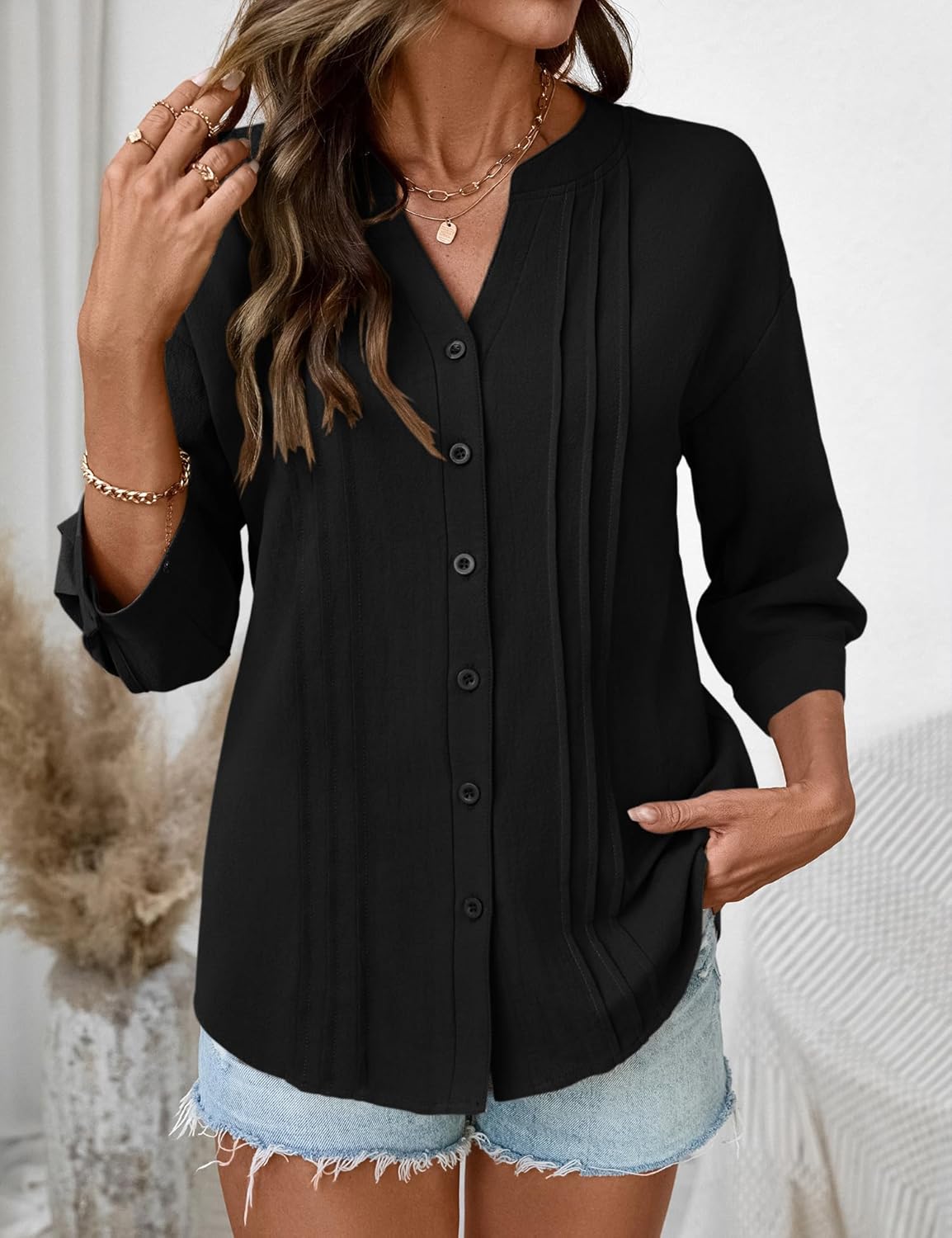 Micoson Womens 3/4 Sleeve Tops Cotton Linen Button Down Shirts V Neck Pleated Casual Loose Blouses Roll Up Sleeve Shirt - Image 3