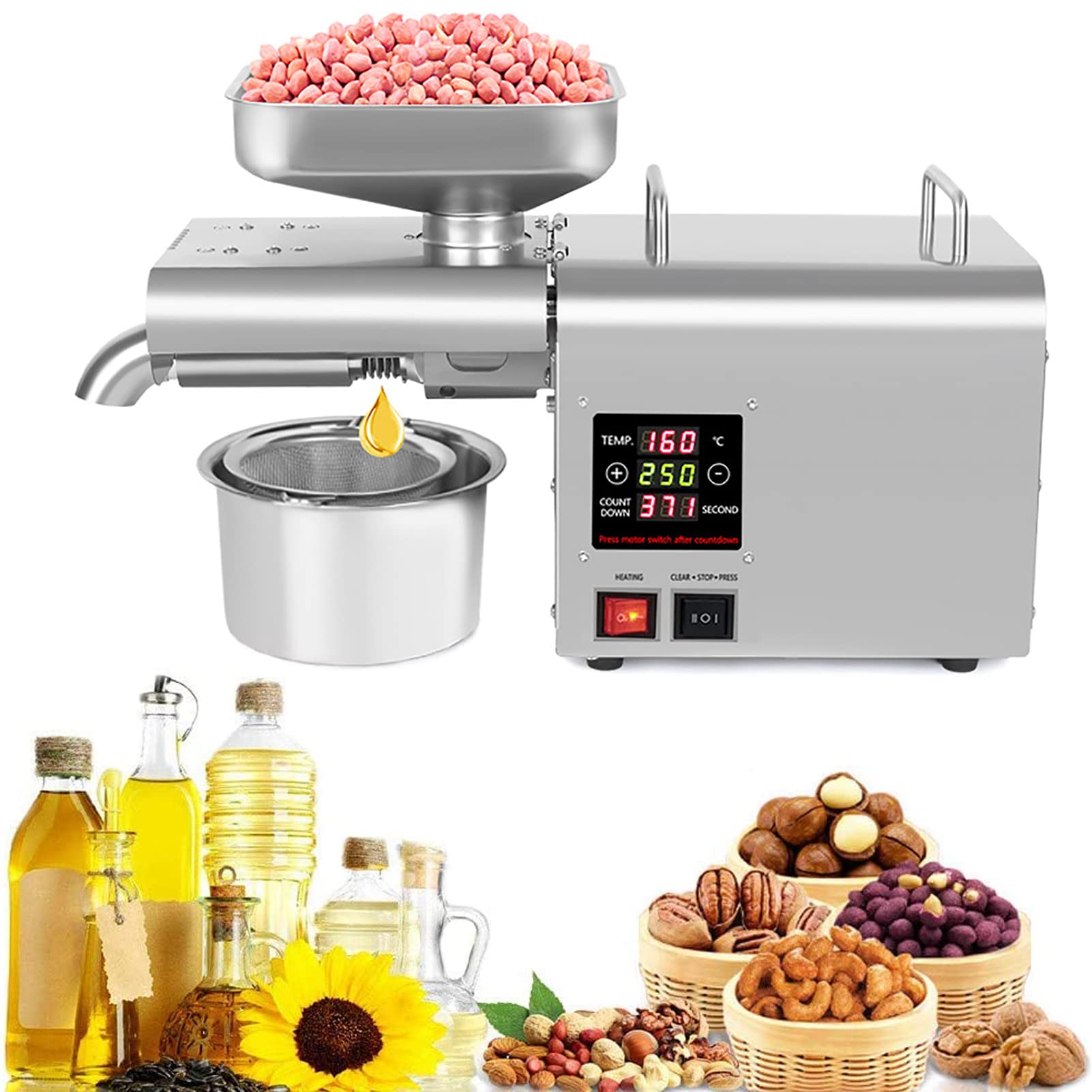 HCZKIUJY Automatic Oil Press Hot, 750W Automatic Oil Press Machine,LCD Touch Screen Temperature Intelligent Control for Beans Peanuts Sesame Walnuts