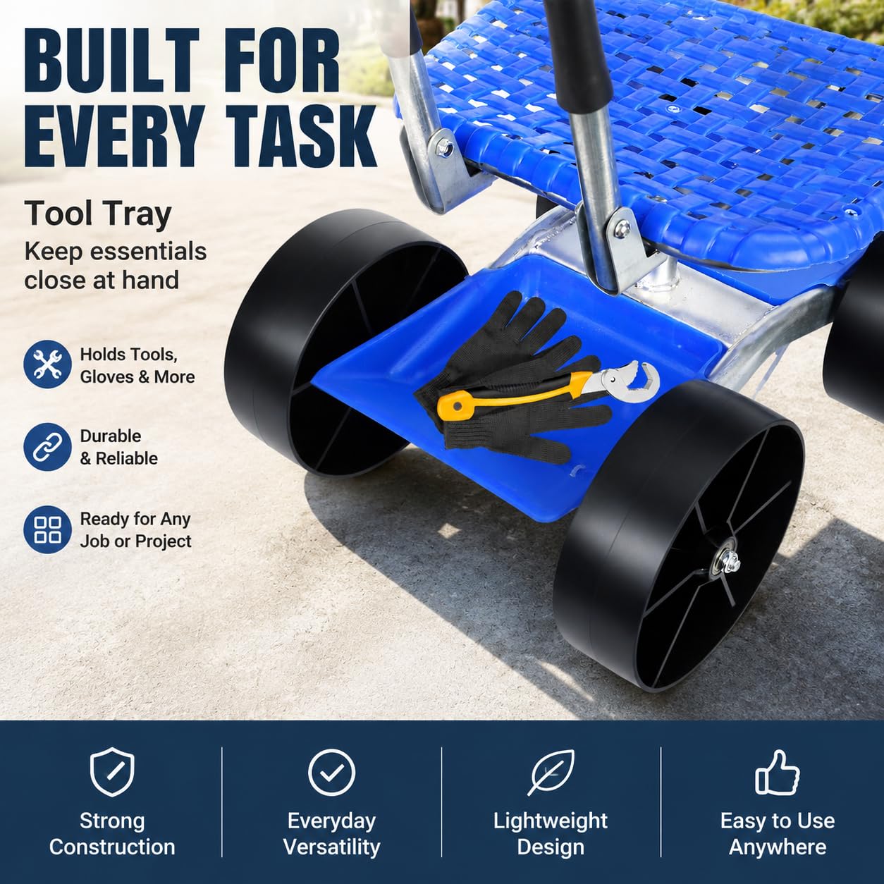 Gartenhocker mit Rollen, 360° Drehbarer Gartensitz Höhenverstellbar, Rollsitz aus Verzinktem Stahl mit Stauraum bis 150kg, Mobiler Gartenhocker für Gartenarbeit (Blau 2)
