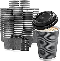 Vista 1 de Lamosi 500 Pack - 12 oz Insulated Disposable Coffee Cups with Lids, To Go Paper Coffee Cups with Lids, Corrugated Ripple Wall Cup for Hot Drink