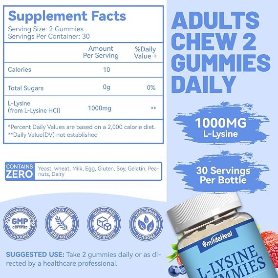 2 Pack L-Lysine 1000mg Gummies, Chewable Lysine Supplement for Adults, Immune Support, Collagen Formation Support, Vegan, Gluten Free - 120 Counts