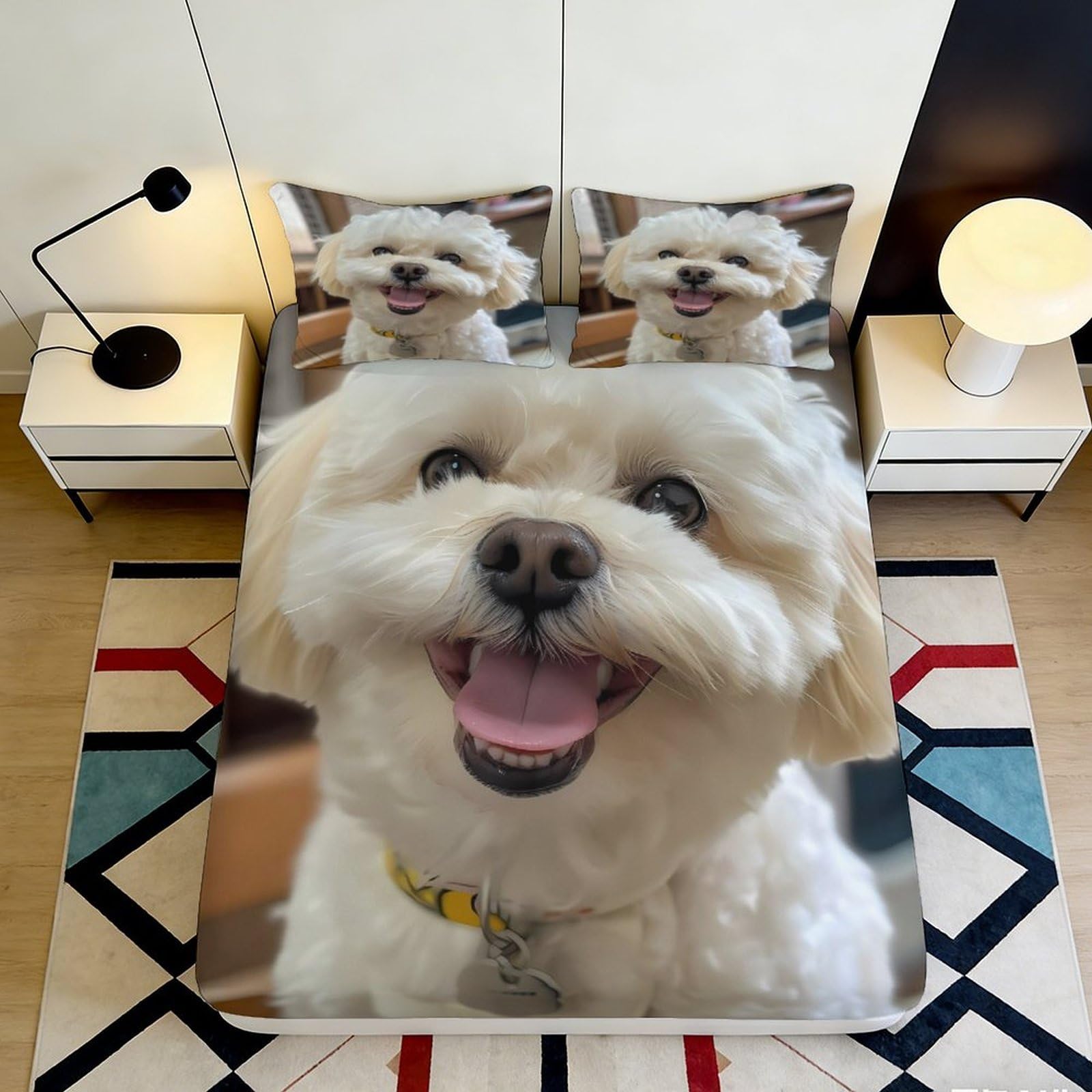 3D Printed Cute Dog Fitted Sheet Microfiber Soft Breathable Puppy Portrait Bed Cover for Bedroom Guest Room Decor 90x200x25cm