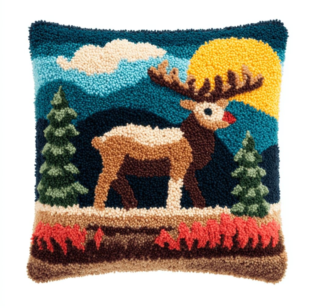 Kitquiver Latch Hook Cushion Kits Elk 43X43Cm Latch Hook Pillow Case Kits Embroidery,DIY Needlework Pillow Cover Sofa Cushion Rug Making for Adults and Beginner,Craft Home Decor