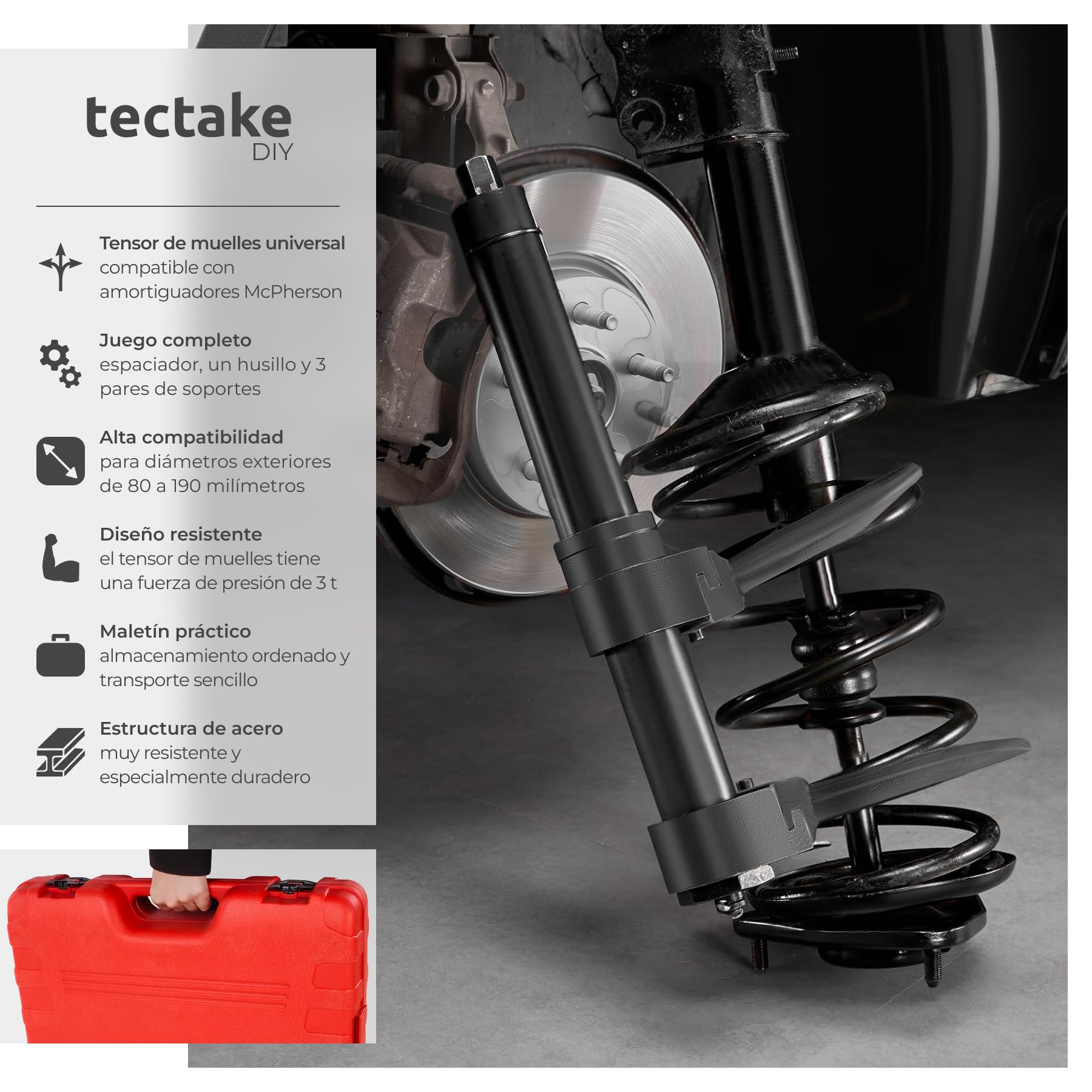 tectake® Compresor Muelles Amortiguador Universal para Sistemas McPherson, Diámetro 80-190mm, Compresor de Muelles Amortiguador con Apertura 300mm, 3 Cabezales de Sujeción, Práctico Maletín