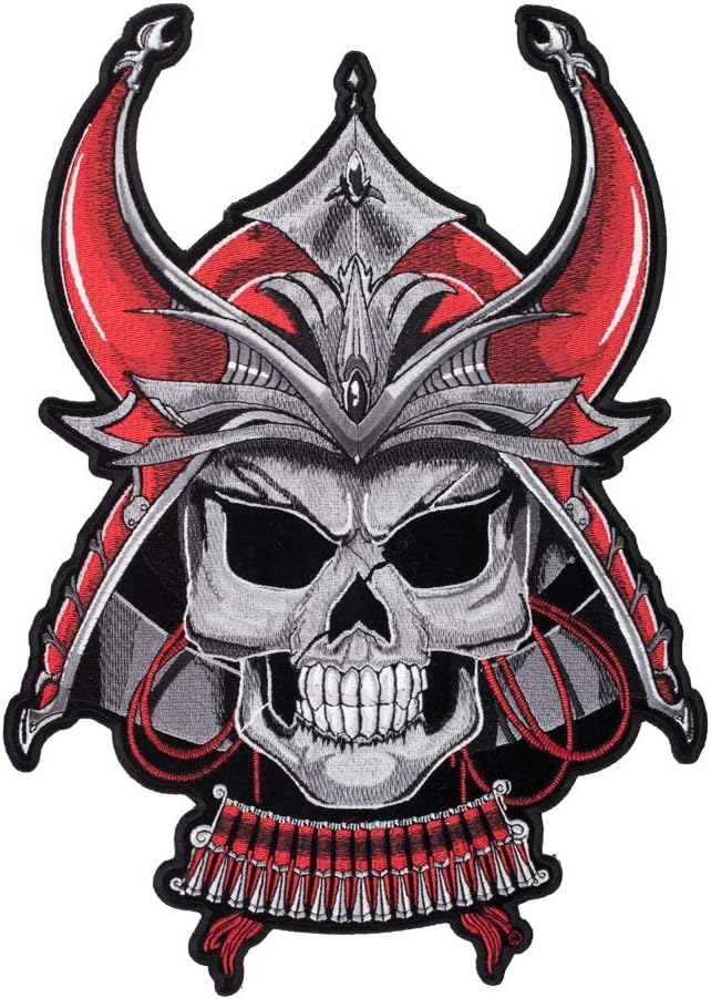 PatchStop Samurai Skull Red Gray Iron On Patches for Clothing Jeans - 9x13in X-Large DIY Sew On Back Patch for Jackets Bags - Embroidered Decorative Skull Patches