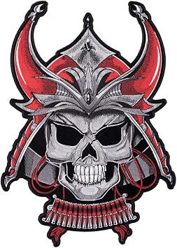 PatchStop Samurai Skull Red Gray Iron On Patches for Clothing Jeans - 9x13in X-Large DIY Sew On Back Patch for Jackets Bags - Embroidered Decorative Skull Patches