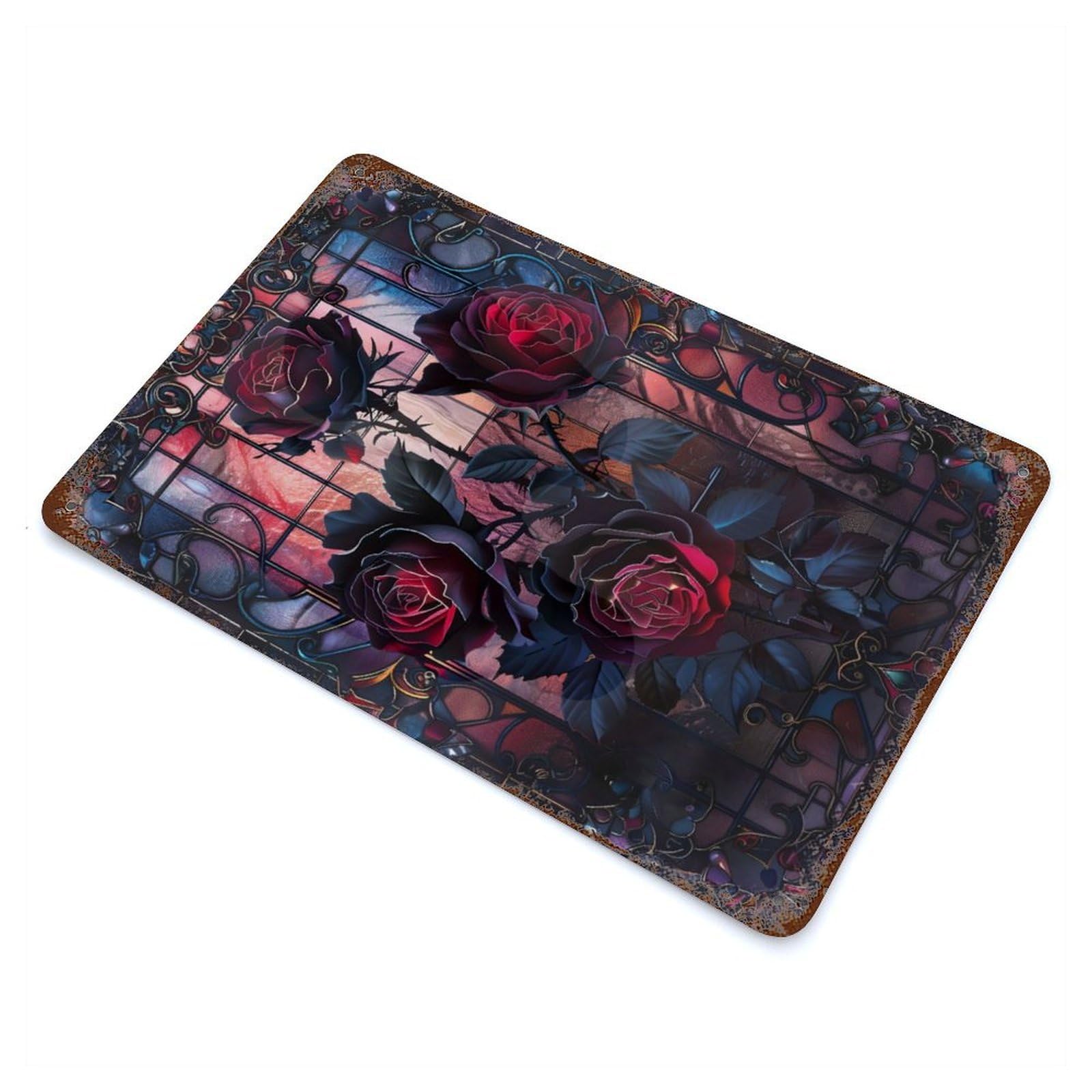 Gothic Black Roses Rusty Metal Tin Sign 11.8"x7.9", Ideal for Farmhouse, Kitchen And Entryway Decor