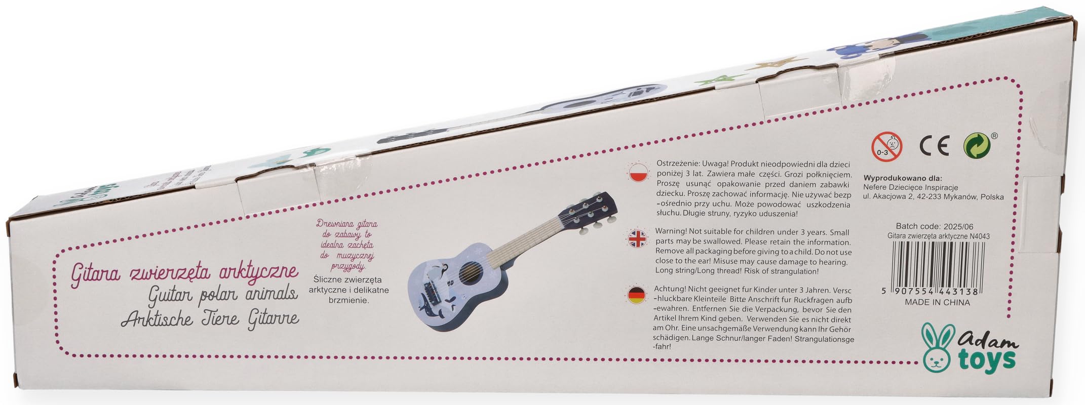Holzspielzeug-Gitarre für Kinder ab 3 Jahren, 53x17x6 cm, 6-saitig mit Nylonsaiten – verziert mit Waldtieren und Noten – bemaltes Holz – Musikspielzeug für kleine Kinder