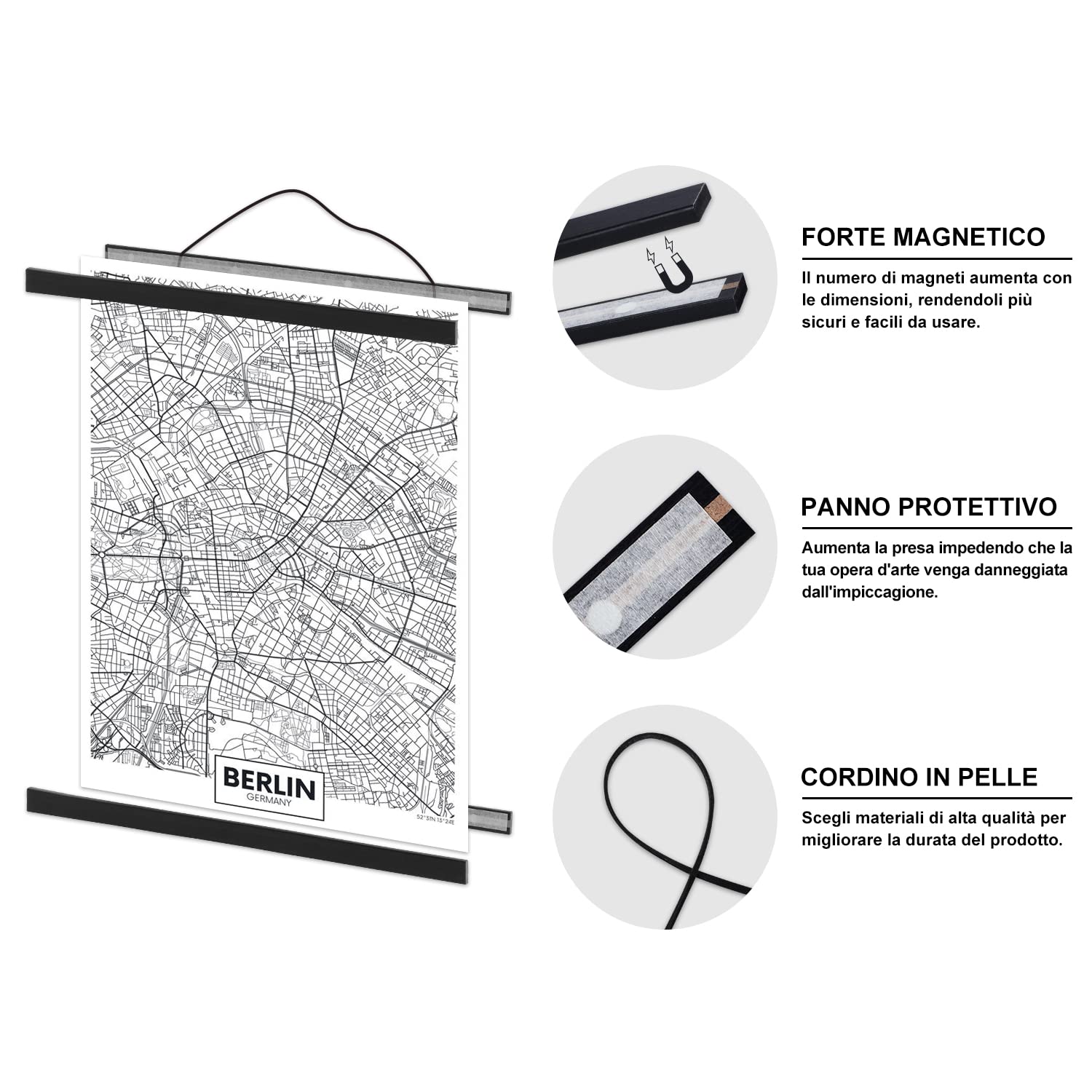 Ywlake Cornici per Poster C0, Ganci per Cornice per Poster in Legno e Legno Chiaro magnetici Kit da Appendere per Stampe artistiche su Tela (90cm, Nero)