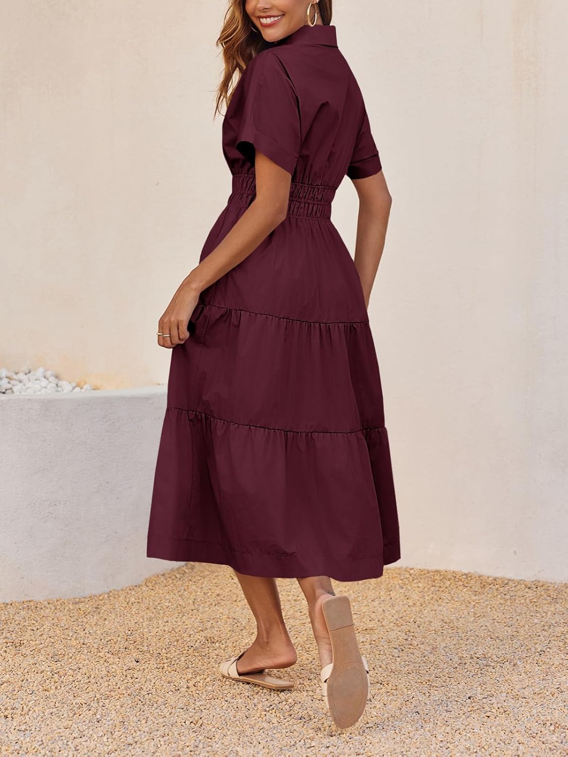 Wenrine Womens Summer Short Sleeve Maxi Dresses Casual V Neck Smocked Loose Tiered Flowy Shirt Dress with Pockets - Image 5