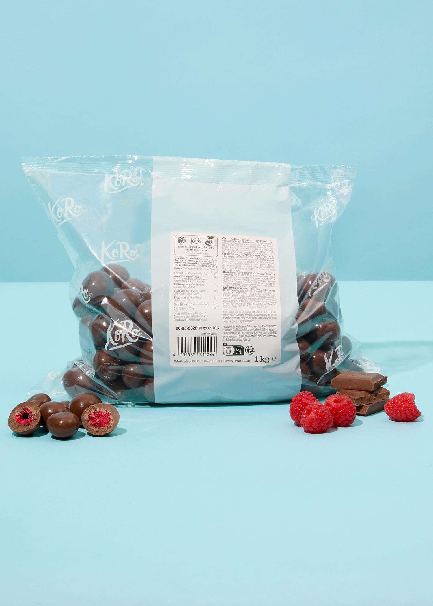 KoRo - Framboises lyophilisées enrobées de chocolat au lait 1 kg - Douceur sucrée - Enrobage de chocolat croquant - En guise de snack, de topping ou de cadeau