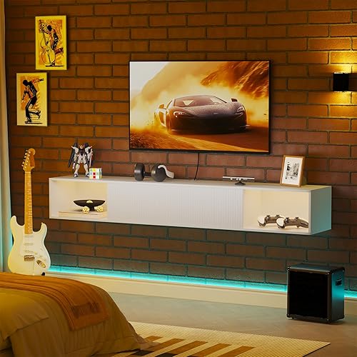 Miniatura 8 de Soporte de TV flotante de 55 pulgadas de ancho con luces LED, centro de entretenimiento montado en la pared con soporte de TV largo de