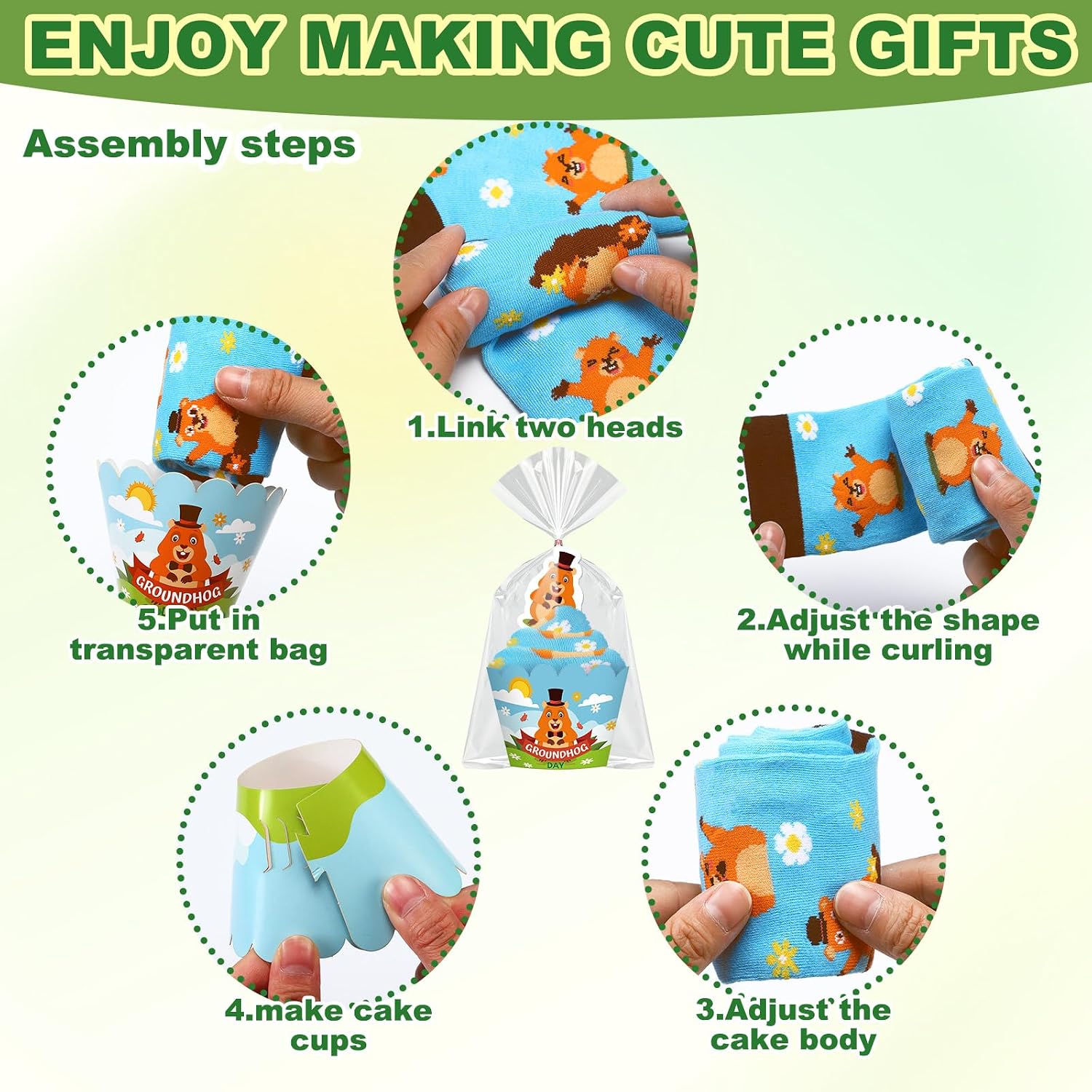 Glitopper 24 Pairs Groundhog Cupcake Socks Groundhog Day Gifts for Women Men Funny Novelty Crew Socks Spring Party Favors Supplies