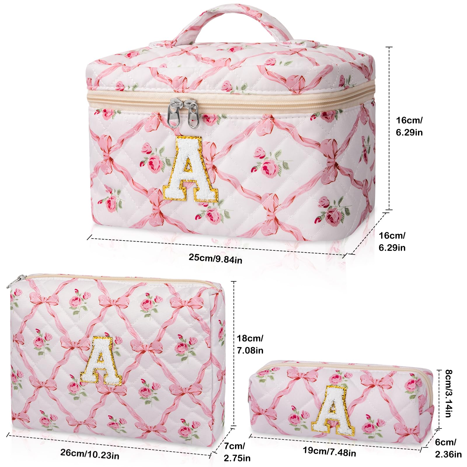 Junesters Makeup Bag, Quilted Cosmetic Bag, Large Floral Make Up Bag for Women Girls, Cute Big Cotton Makeup Bag Set, Flower Travel Toiletry Organizer Bag A