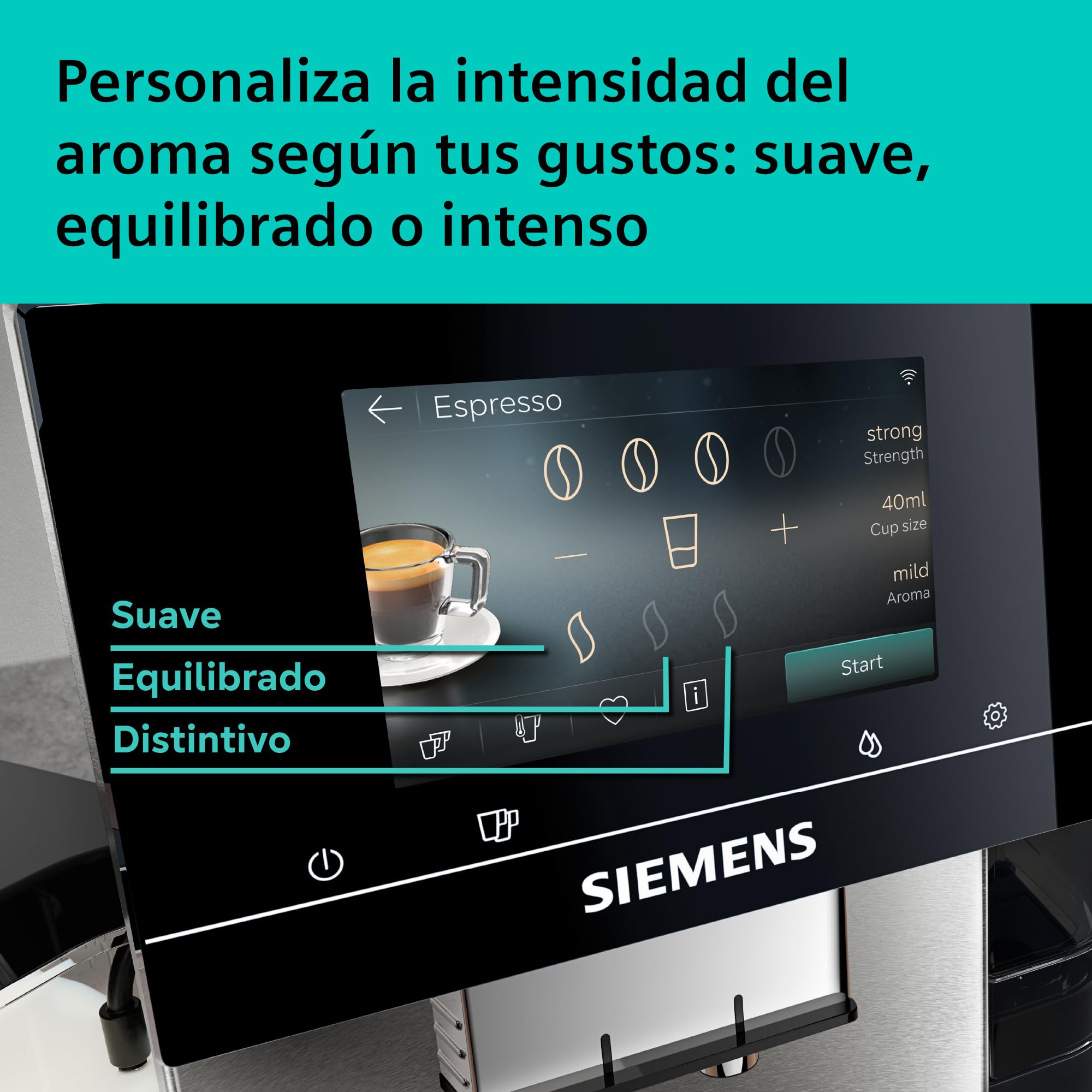 SIEMENS, Cafetera Superautomática, EQ700 iAroma, pantalla táctil, depósito de leche integrado, calentador de tazas, Cold Brew y Slow Brew, app Home Connect, acero inoxidable negro, TQ727E03