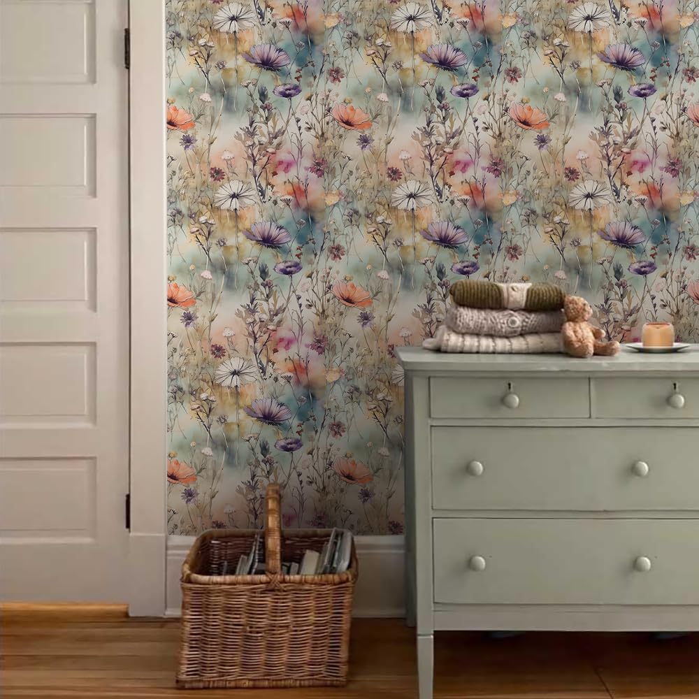18"x236" Watercolor Beige Boho Wildflower Peel and Stick Self Adhesive Wallpaper Removable Contact Paper Stick on Easy Peel Off Wall Paper for Kitchen Bedroom Bathroom Renter