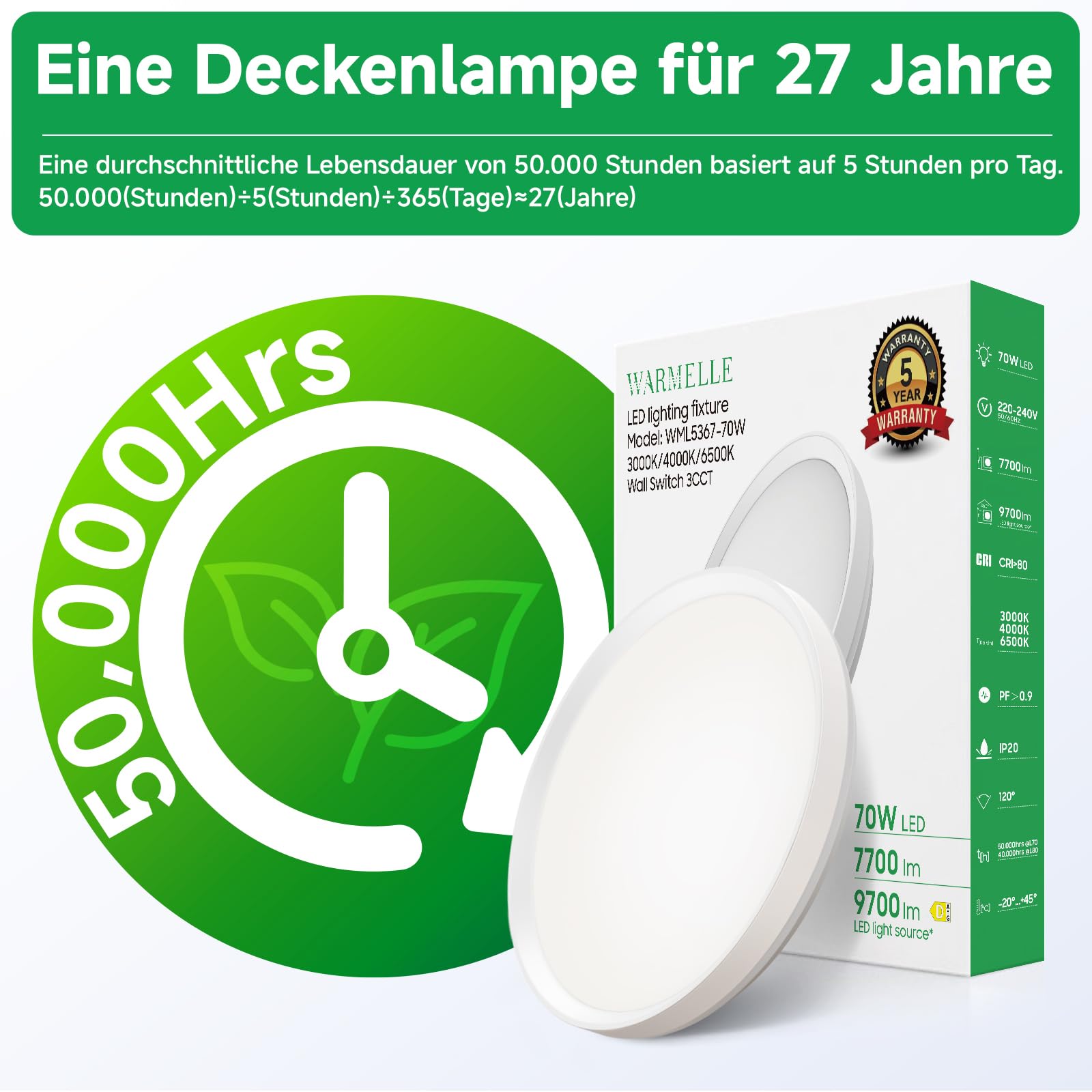 Deckenlampe LED Deckenleuchte,70W 9700lm, Ø48cm Weiße Wohnzimmer Lampe,3 Farbtemperaturen (3000K/4000K/6500K) per Wandschalter Steuerbar,CRI80+ Augenfreundlich,für Flur,Schlafzimmer,Büro
