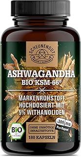 Ashwagandha KSM-66 BIO -WICHTIG: 12:1 Extrakt (=3600mg reines Ashwagandha Wurzelpulver je Kapsel als Extrakt) MIT 5% Withanoliden -Ashwagandha Kapseln Hochdosiert- DE SCHEUNENGUT®