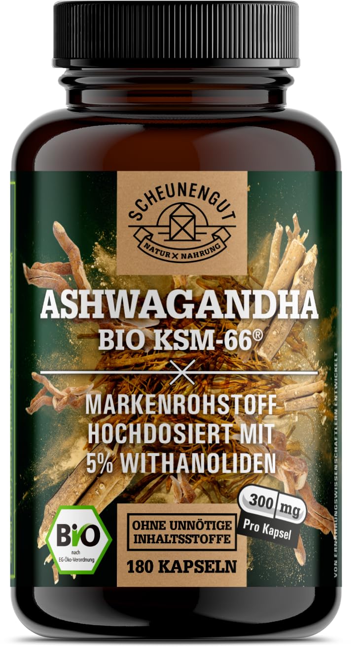 Ashwagandha KSM-66 BIO - 12:1 Extrakt (=3600mg reines Ashwagandha Wurzelpulver je Kapsel) MIT 5% Withanoliden -Ashwagandha Kapseln Hochdosiert- DE SCHEUNENGUT®