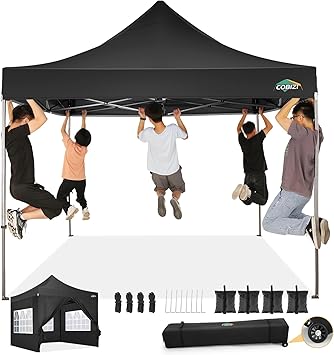 COBIZI 10x10 Pop Up Canopy Tent with 4 sidewalls Commercial Heavy Duty Canopy UPF 50+ All Weather Waterproof Outdoor Canopy Wedding Tents for Parties Gazebo with Roller Bag, Black Windproof Upgraded