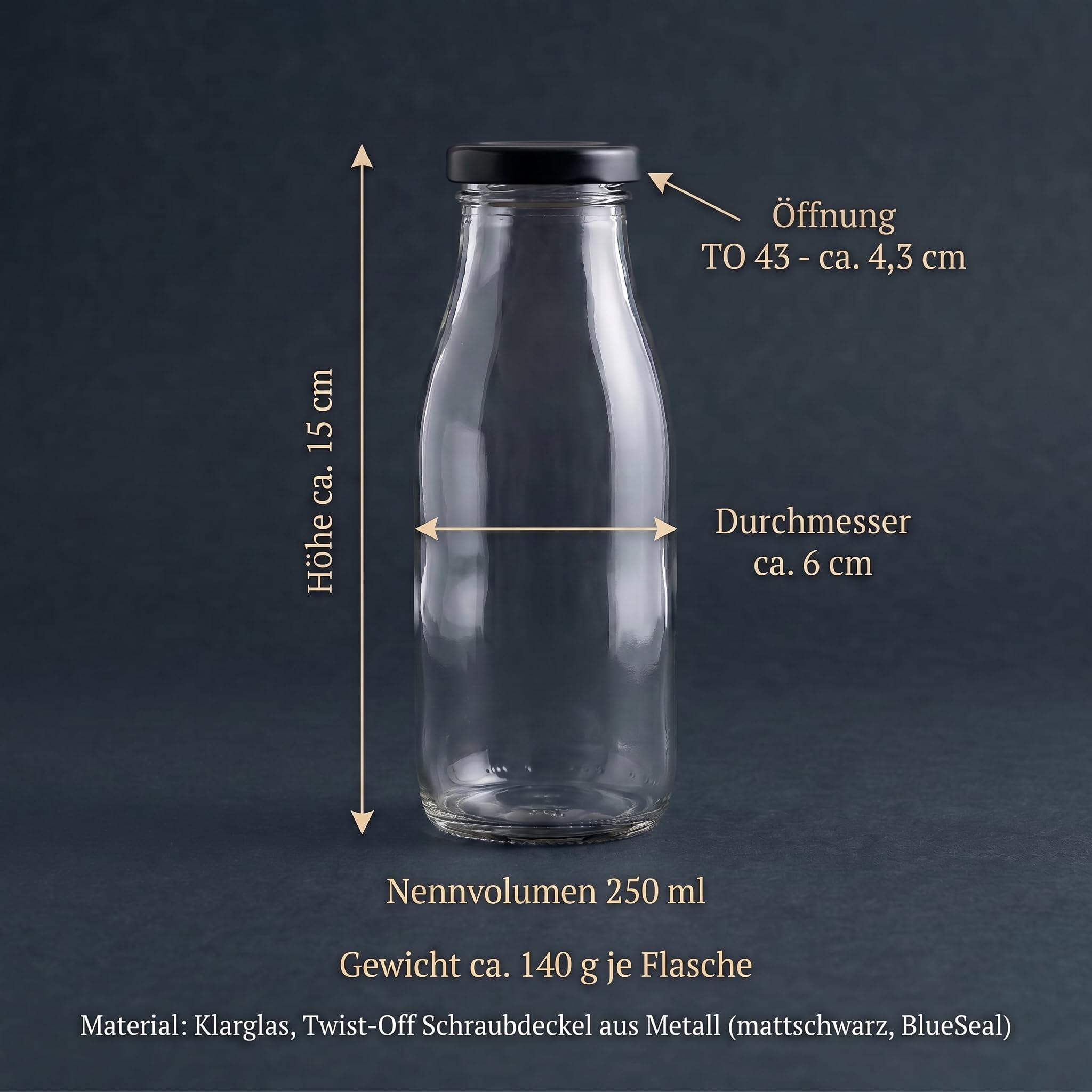gouveo confezione da 24 bottiglie di succo da 250 ml con tappo a vite, nero opaco BS - bottiglie di vetro da 0,25 l con chiusura TO43 - bottiglie vuote per succhi, frullati e limonata (SF250SZBS)