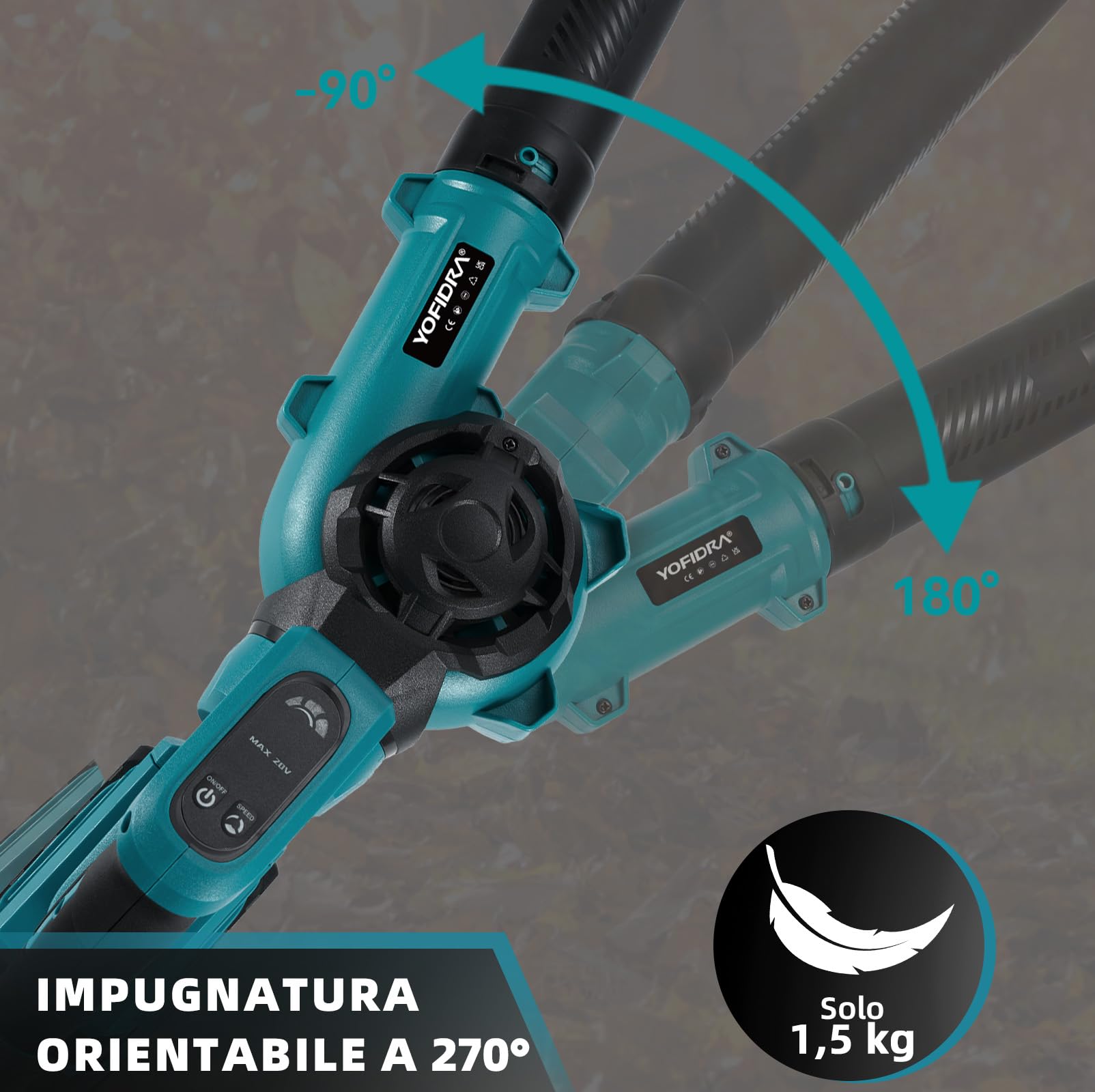 YOFIDRA Soffiatore a Batteria 280 km/h - Soffiatore Foglie con 2 Batterie da 3,0 Ah, 3 Velocità, Impugnatura Regolabile a 270°, Doppia Presa d'Aria, 13.000 Giri/min, per Cortile, Prato, Giardino