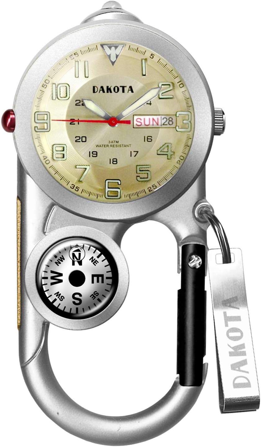 Dakota Angler II Day/Date Clip Watch - Silver/Champagne - Fishing, Camping, Hunting, Sporting Carabiner Clip Water Resistant with Compass and Thermometer (Model: 37492)