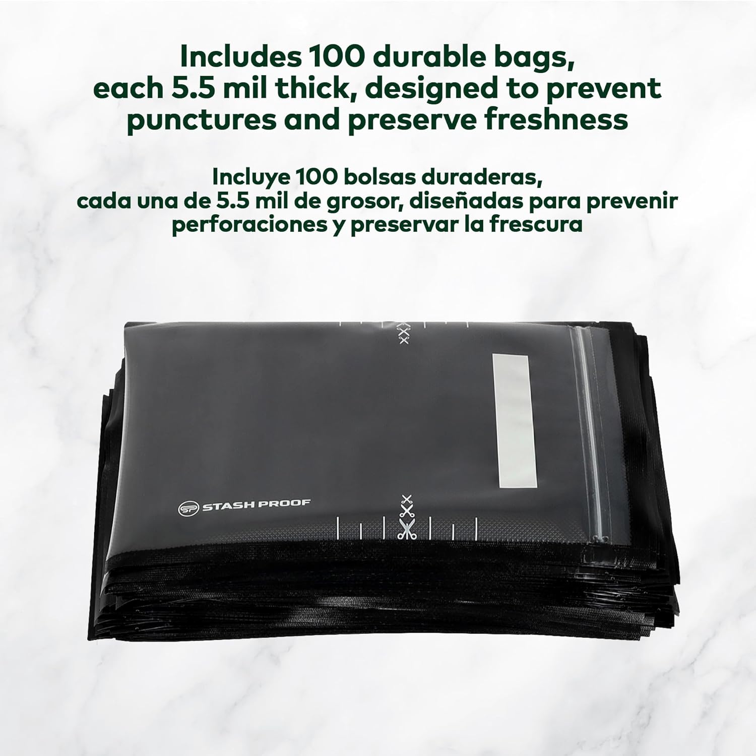 Stash Proof Resealable Zipper Vacuum Seal Bags 8" x 12" (100 Count) 5.5 Mil (Black and Clear) - BPA Free Commerical Grade Food Saver for Storage, Sous Vide, and Meal Prep Sealer Bag