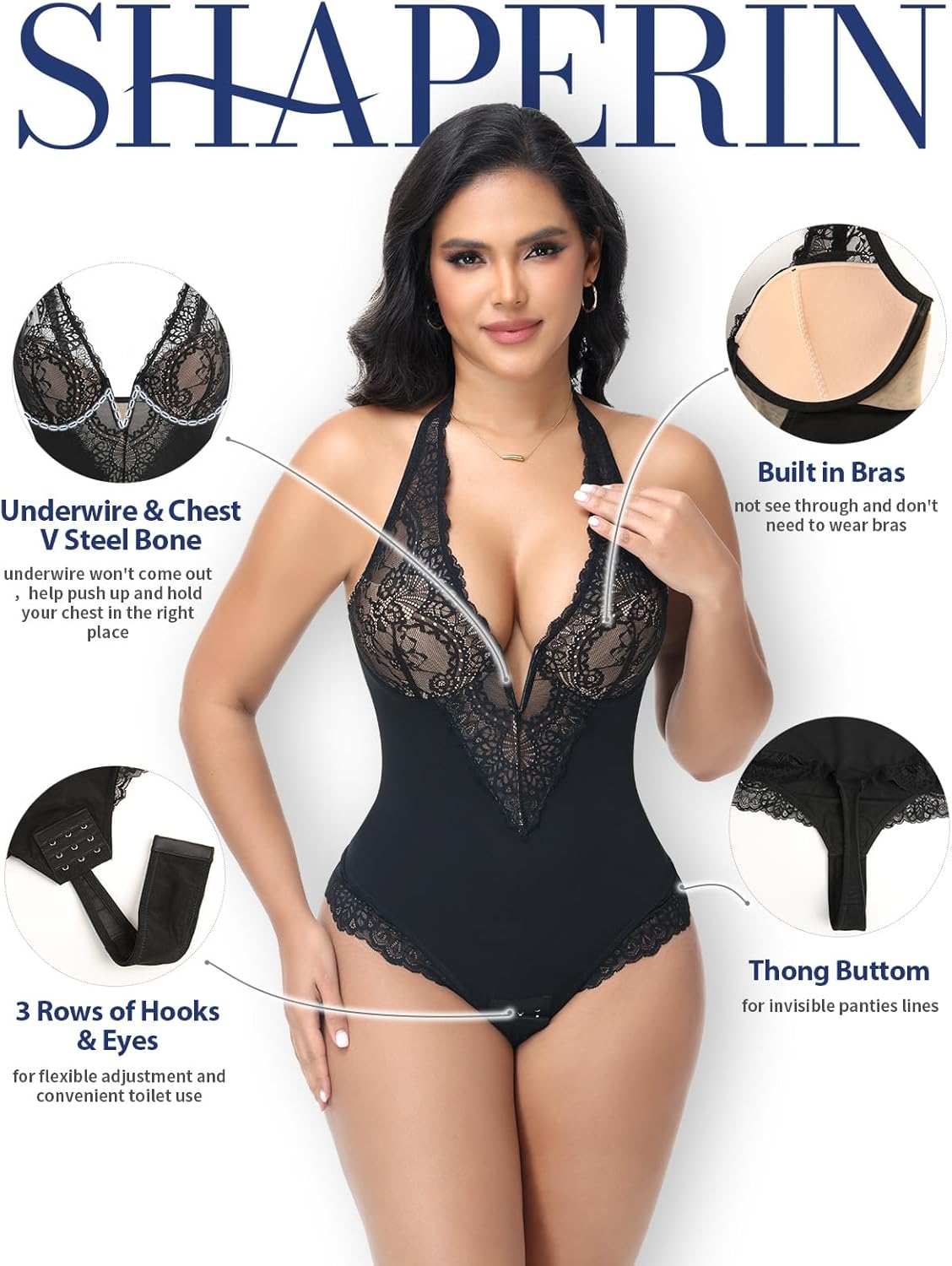 SHAPERIN Sexy Lace Bodysuits for Women Tummy Control Shapewear Built in Bras Corset Body Suit Going Out Outfits - Image 3