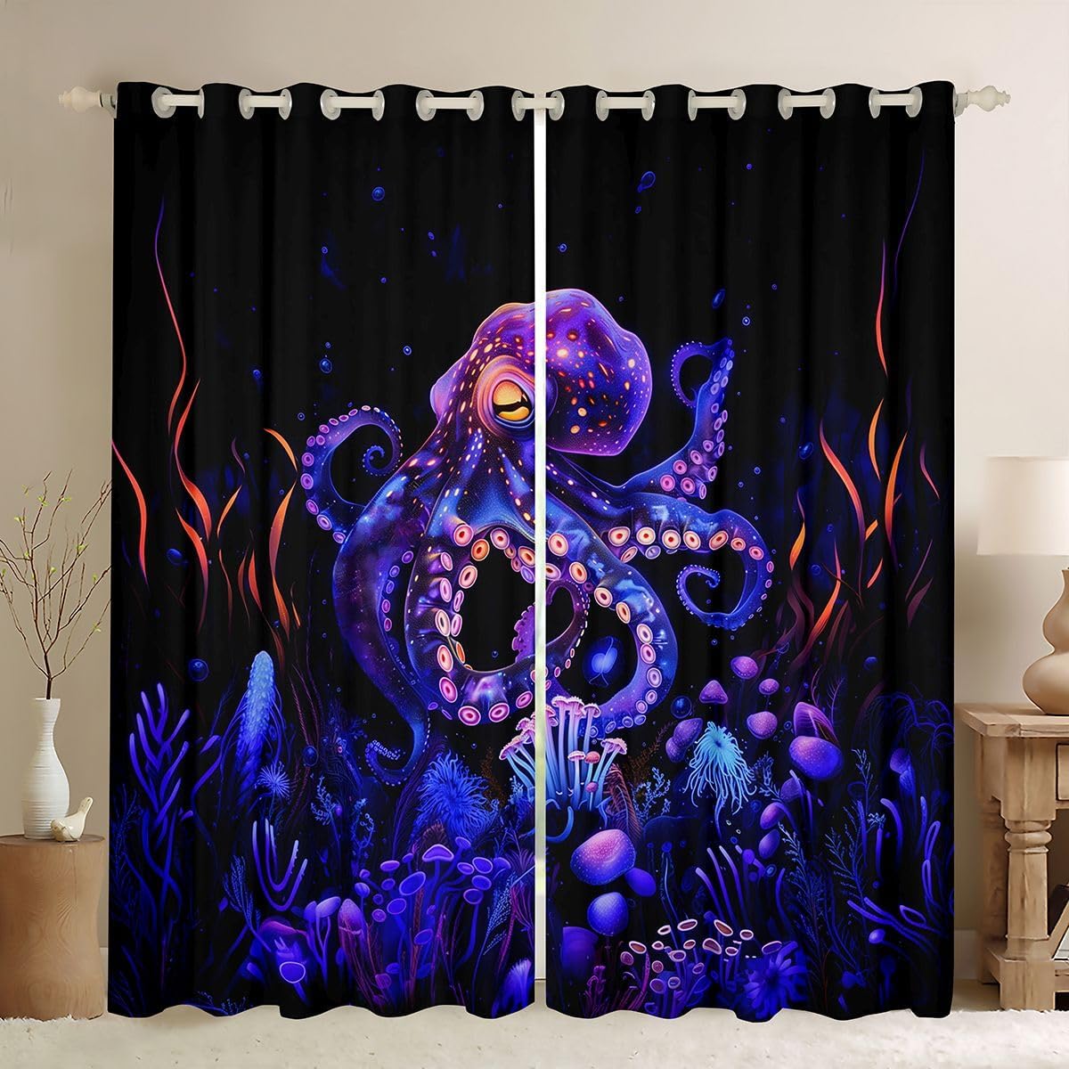 Glowing Octopus Living Room Curtain Mystery Underwater World Women Men Kitchen Curtains Marine Life Bedroom Curtains Home Decor Purple Window Treatments 2 Panels Set,52x63 Inch