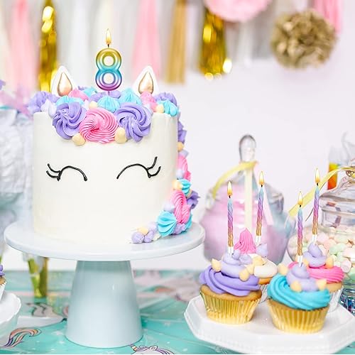 Miniatura 4 de Treela Velas de cumpleaños de 2.7 pulgadas con número arcoíris con 12 piezas de números arcoíris en espiral, vela de primer año para bebé, niña,