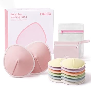 Nuliie Reusable Nursing Pads 14 Pack 7 Pairs, Contour Cup Shape for Better Coverage, Ultra Thin Breast Pads for Leaking Milk, Washable Breastfeeding Pads with Laundry Bag & Wet Bag