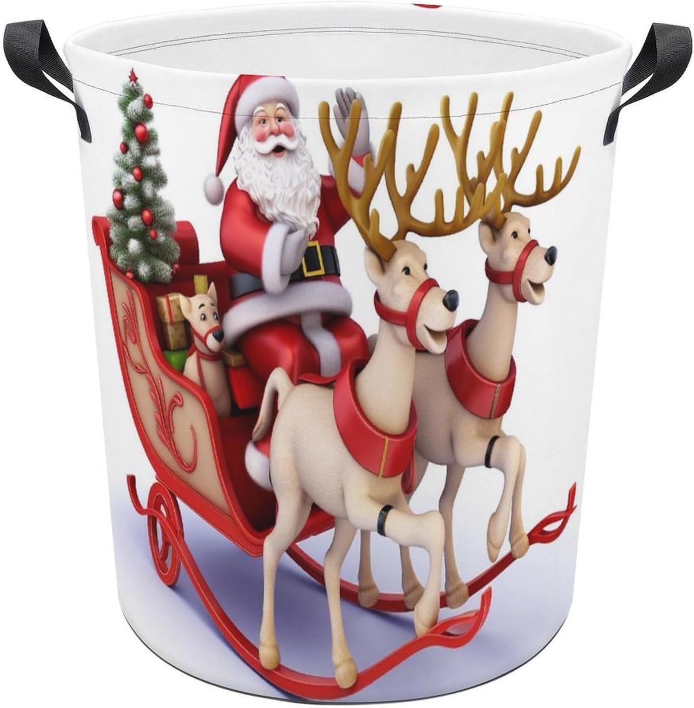 Collapsible Laundry Basket, Santa Claus Reindeer Sled Printed Foldable Oxford Cloth Storage Basket，suitable for Bedrooms, Bathrooms, Clothes, Toys