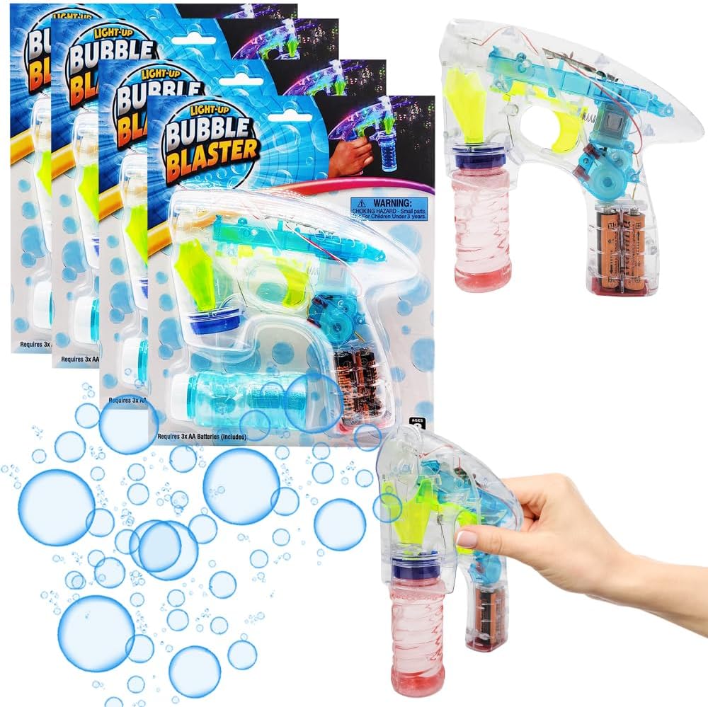 Transparent Bubble Blaster Set 7" Inch Gun with LED Light-Up and Sound, Includes Bottles of Bubble Solution Refill, Party Favors, Batteries Included (4-Pack)